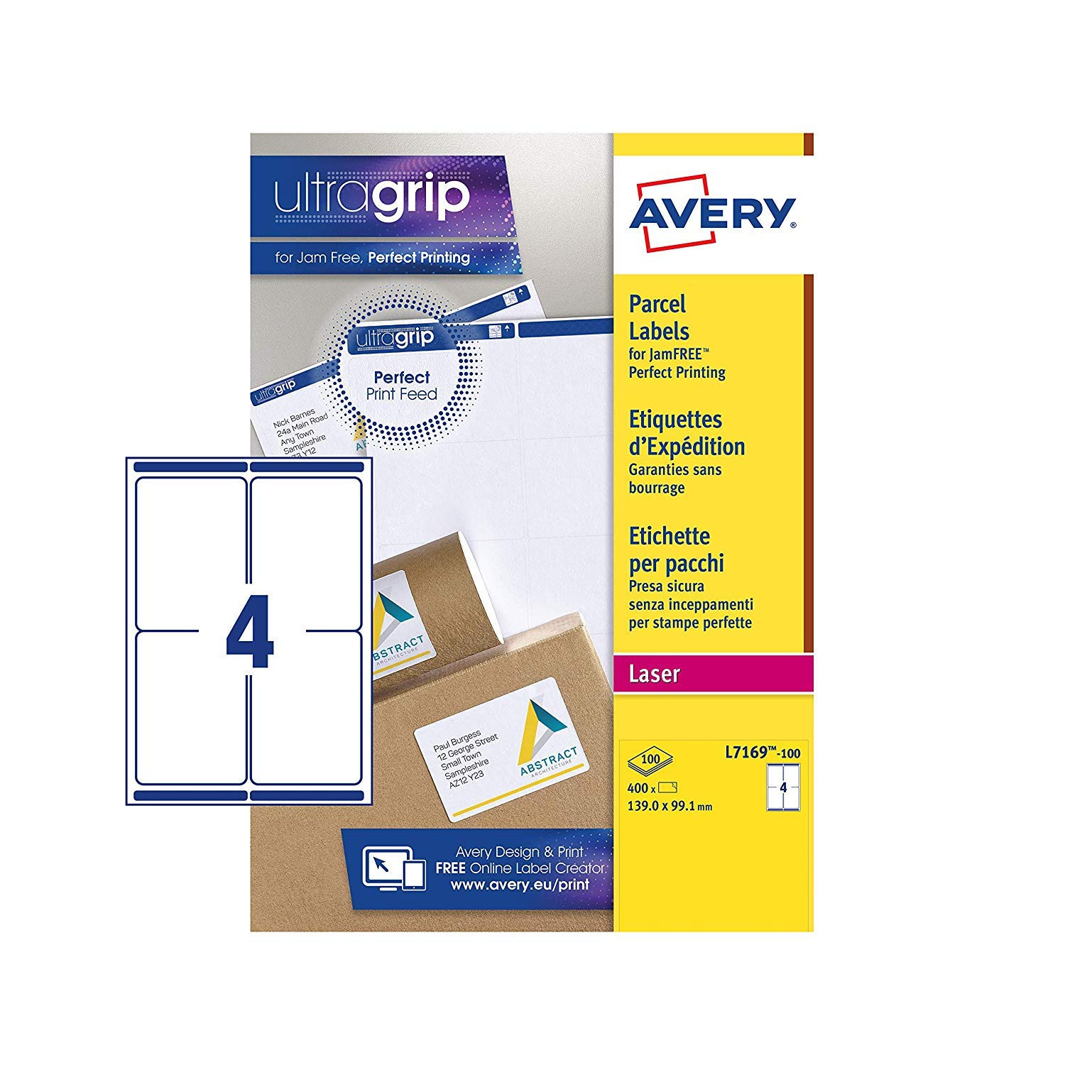 Avery L7169 Self Adhesive Parcel Shipping Labels Laser Printers 4 Labels Per A4 Sheet 400 Labels Ultragrip Of Avery Templates Business Cards 10 Per Sheet