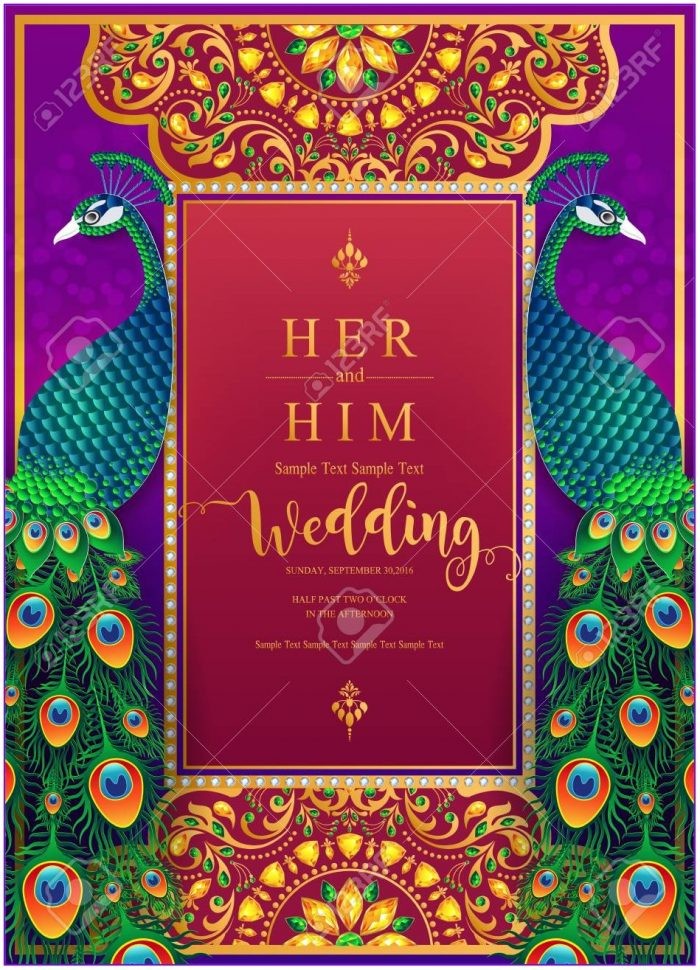indian wedding invitation card templates with gold patterned and crystals on paper color 700x970