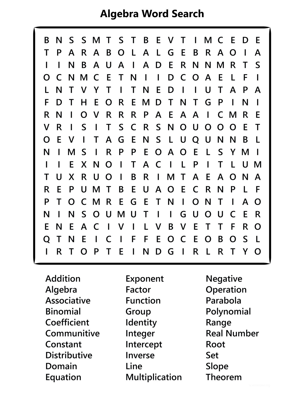 full algebra word search