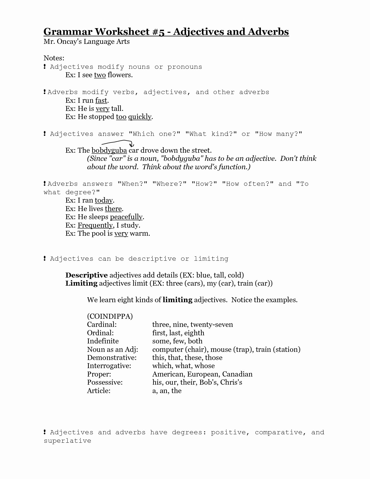 Free Grammar Worksheets Adverbs