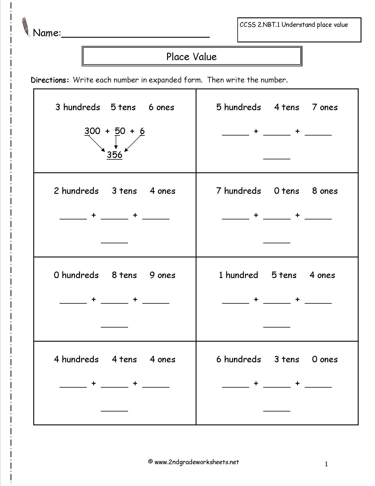 Free Math Worksheets First Grade 1 Place Value Write Numbers Expanded form