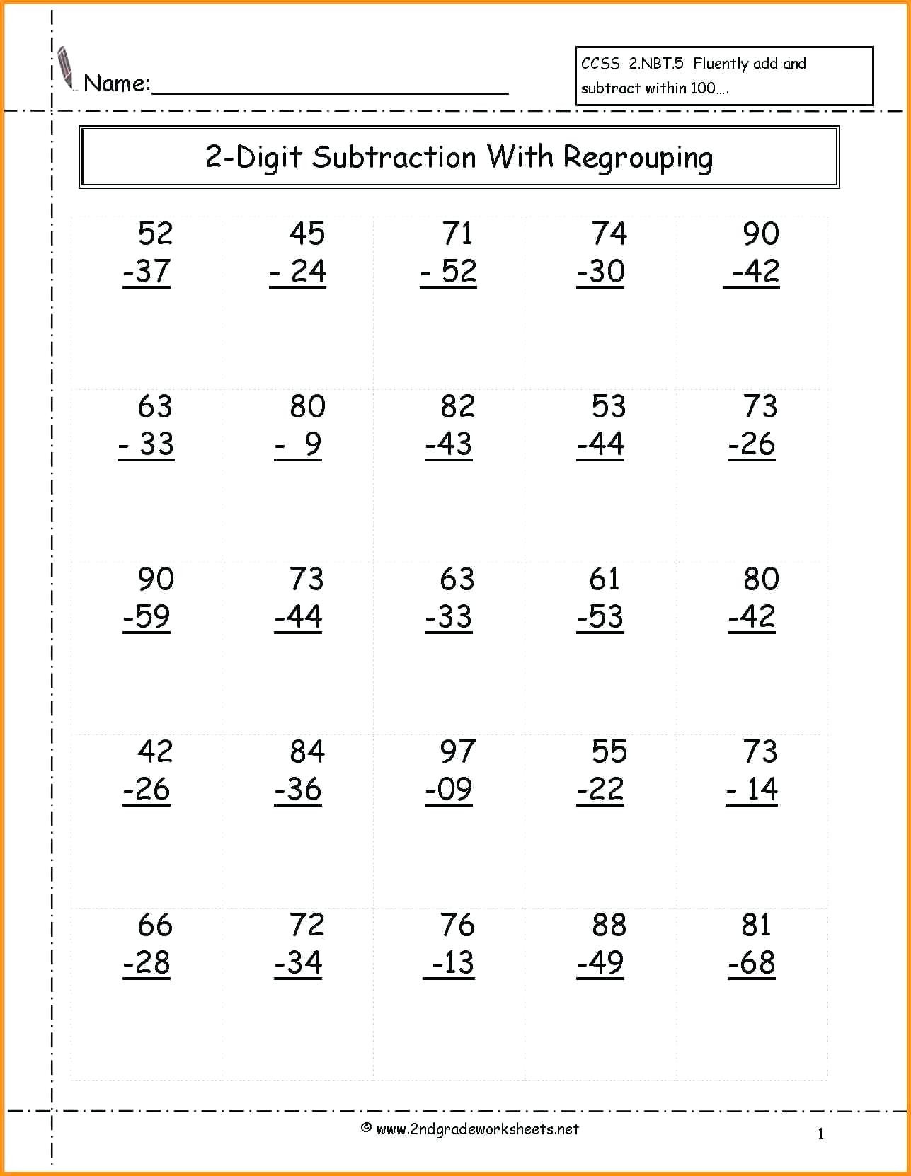 Free Math Worksheets First Grade 1 Subtraction Subtract 1 Digit From 2 Digit No Regrouping