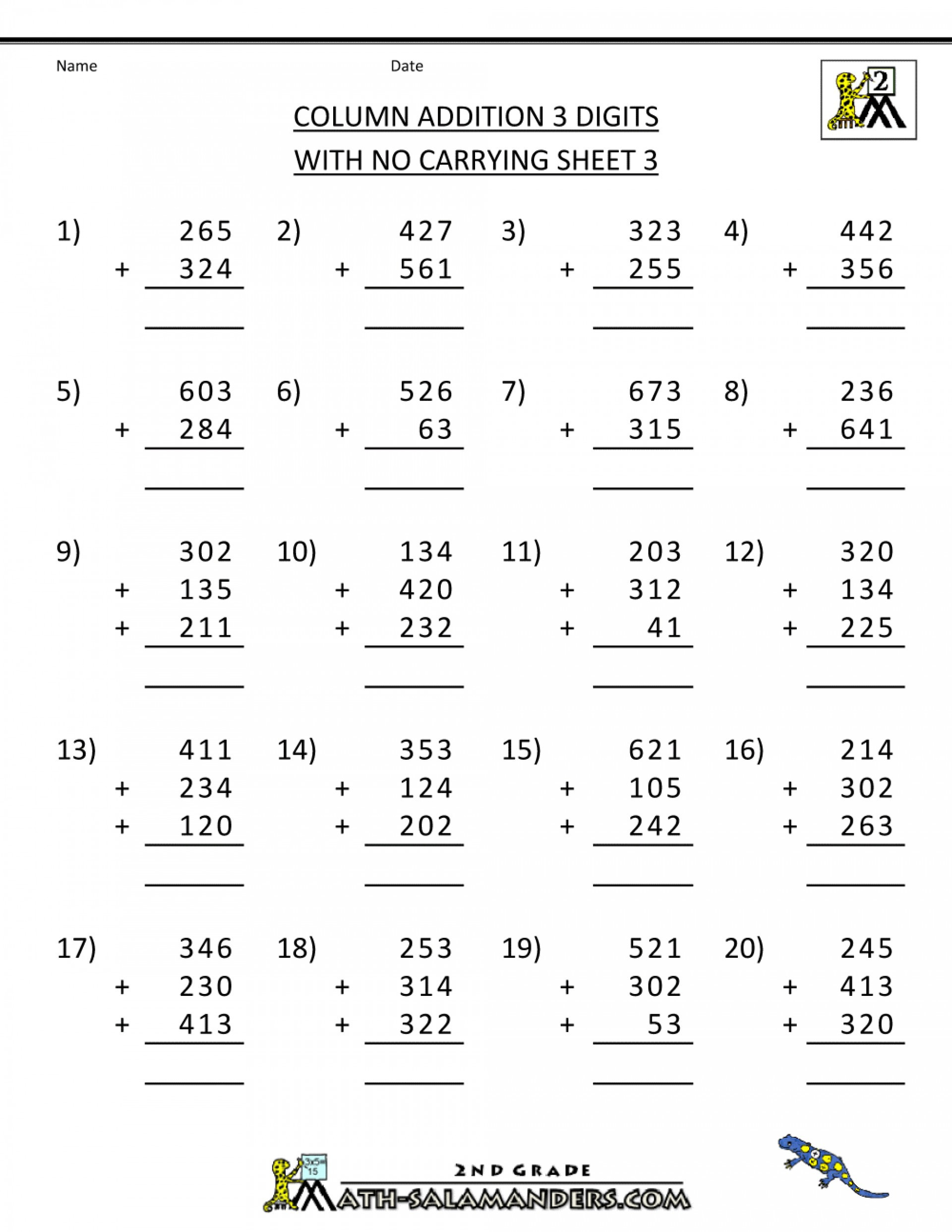 Free Math Worksheets Second Grade 2 Addition Add 2 Digit 1 Digit In Columns