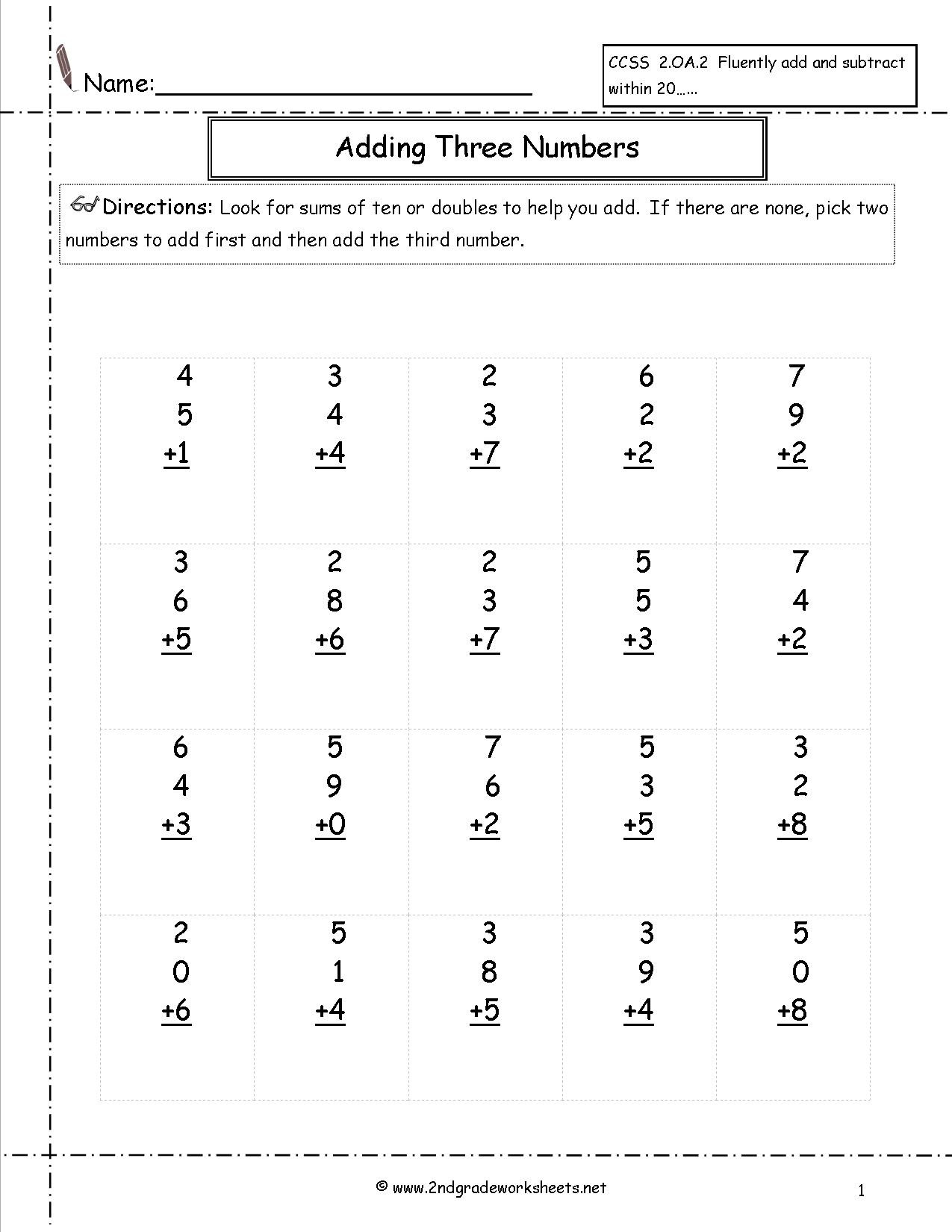 Free Math Worksheets Second Grade 2 Addition Add 3 Single Digit Numbers