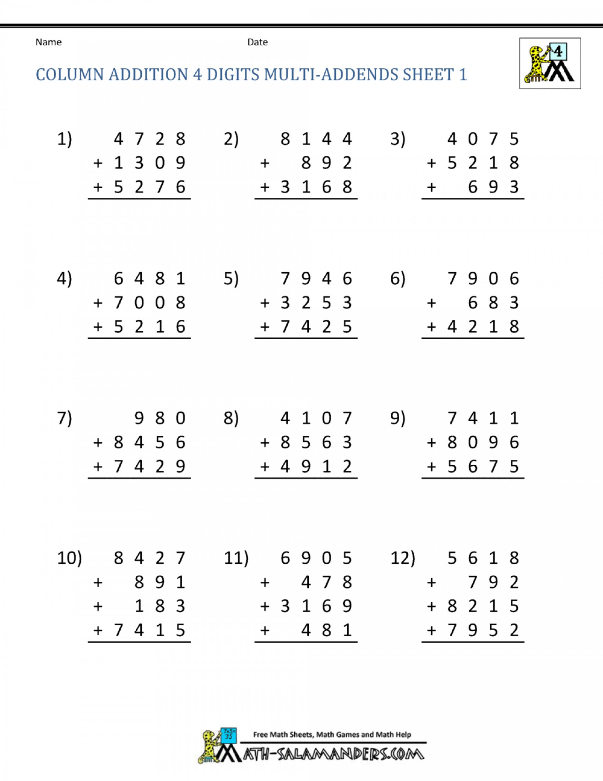 Free Math Worksheets Second Grade 2 Addition Add 4 2 Digit Numbers In Columns