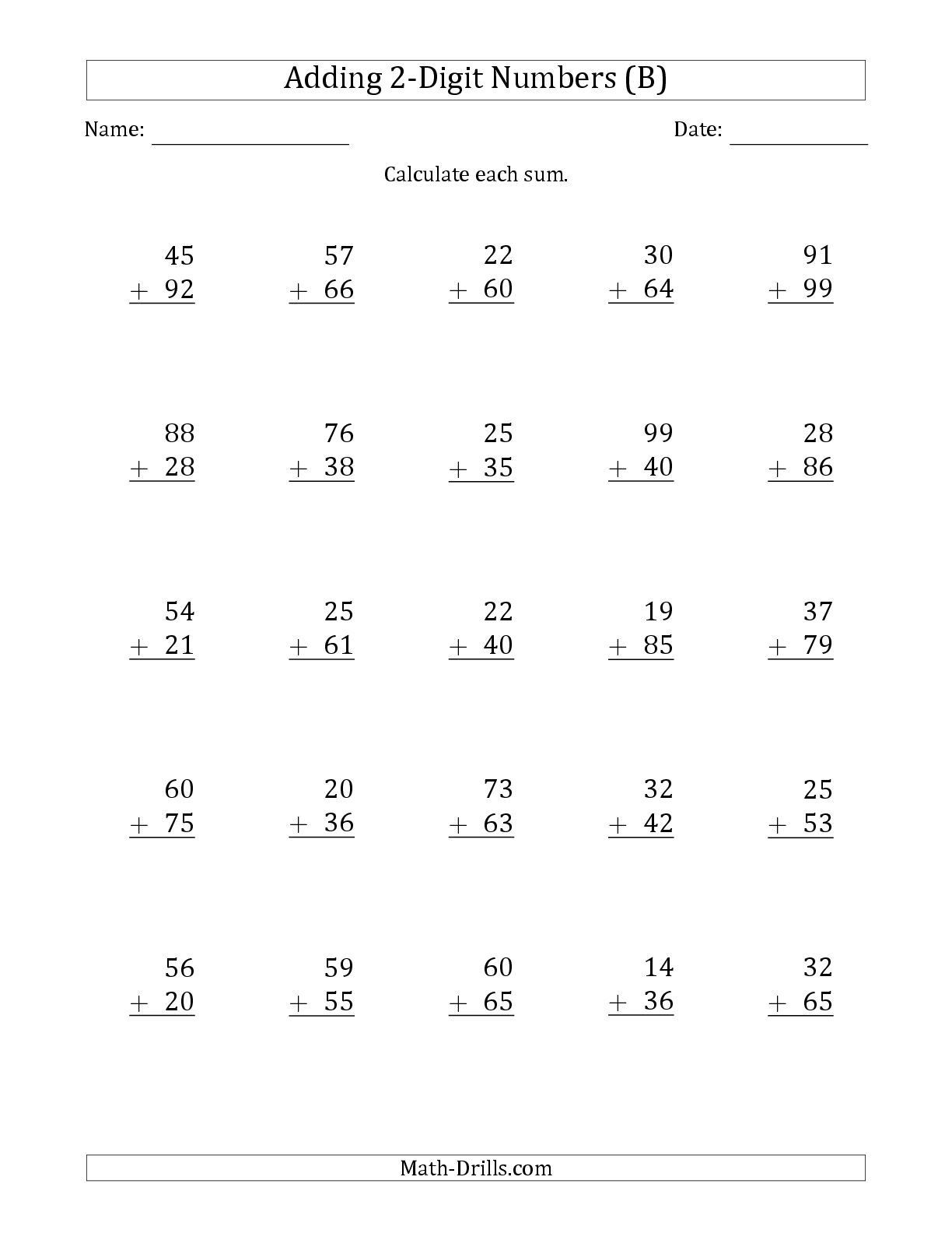 Free Math Worksheets Second Grade 2 Addition Adding 2 Digit Plus 1 Digit No Regroup