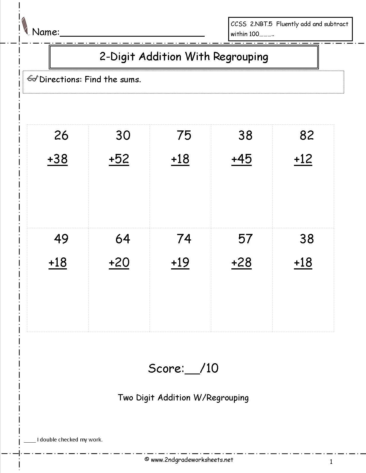 Free Math Worksheets Second Grade 2 Addition Adding 2 Digit Plus 1 Digit No Regroup