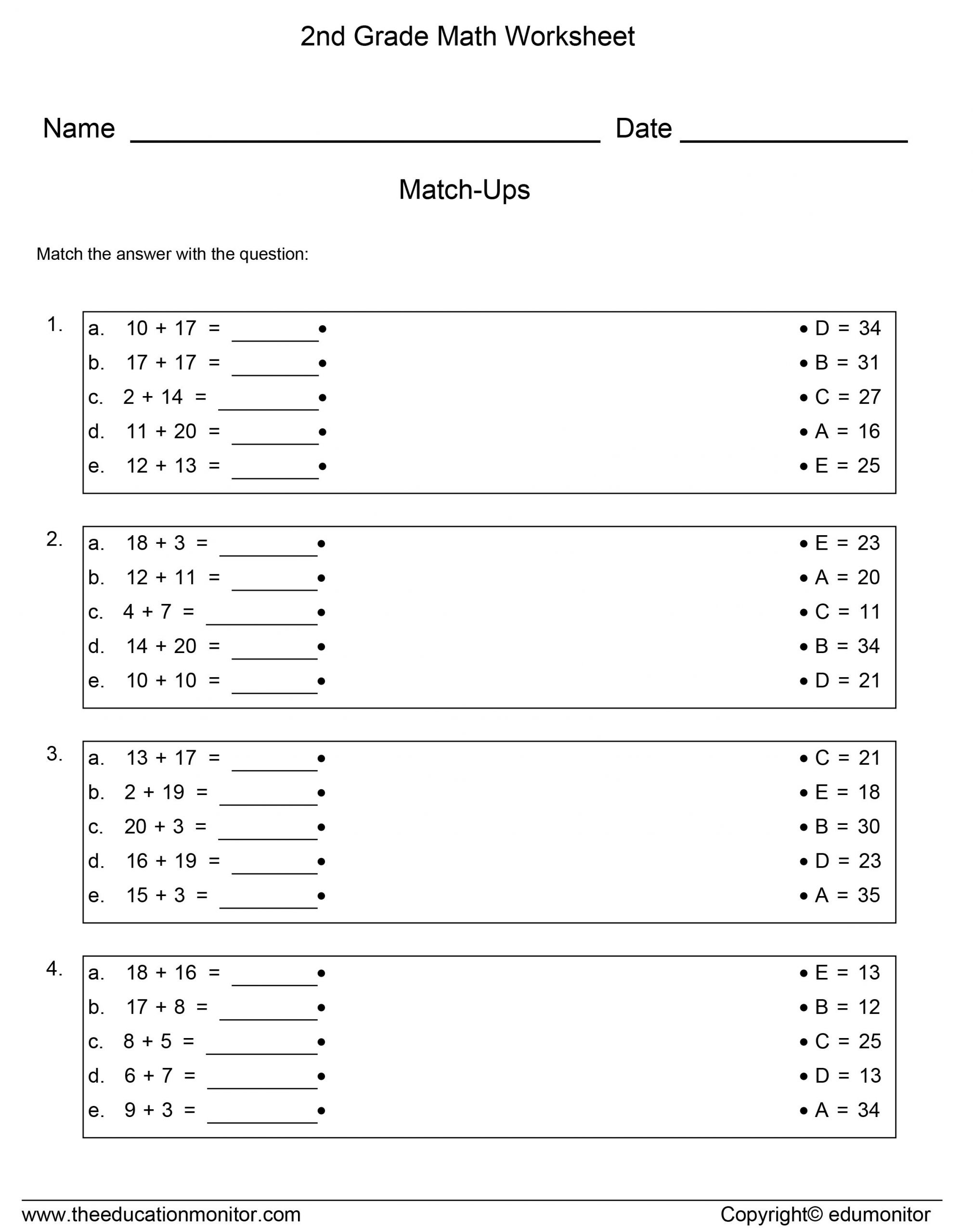 Free Math Worksheets Second Grade 2 Addition Adding 2 Numbers Sum Under 10