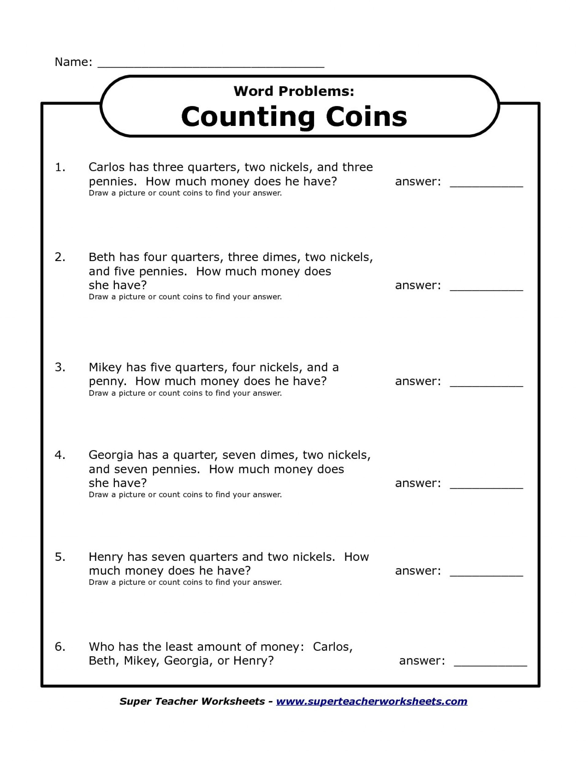 Free Math Worksheets Second Grade 2 Counting Money Money Words to Numbers