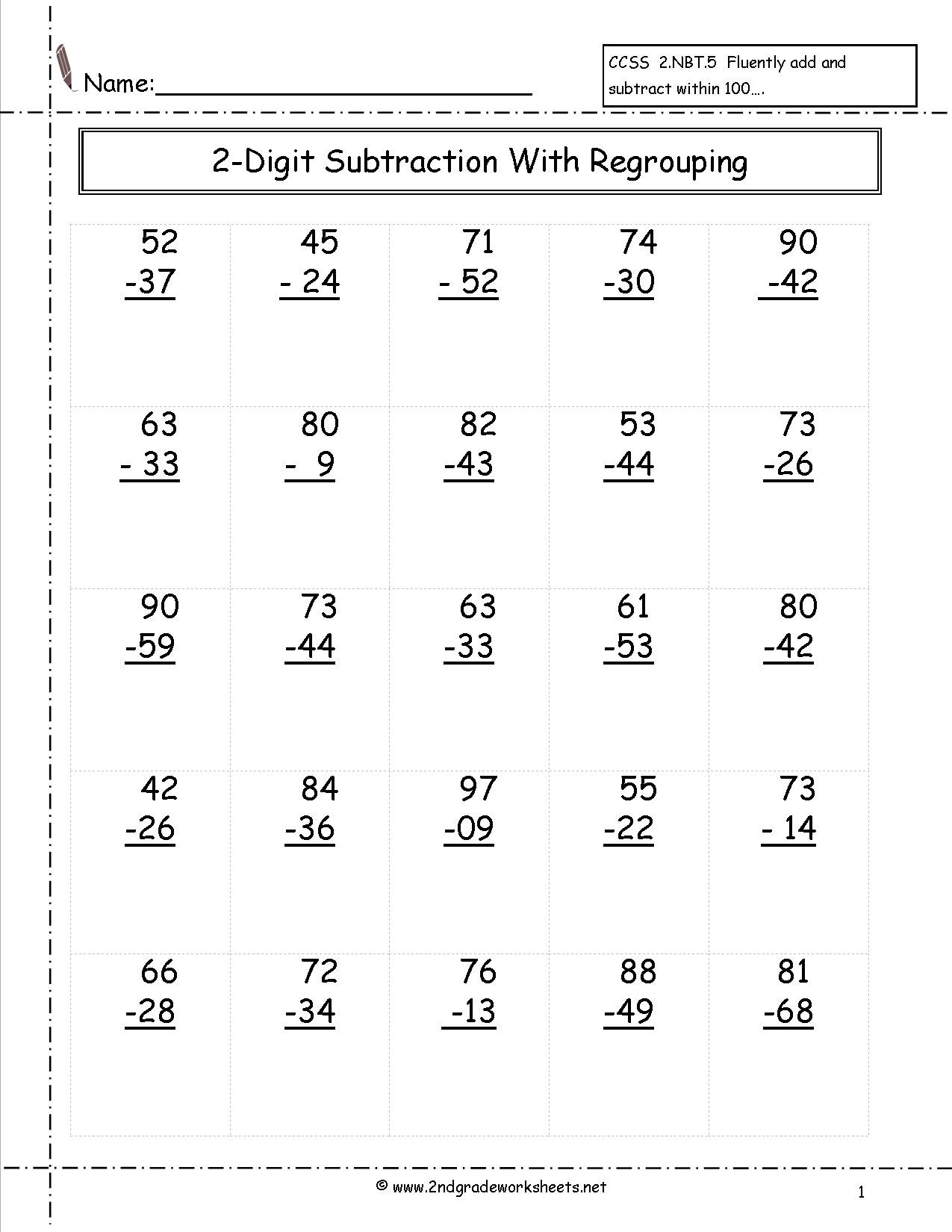 Free Math Worksheets Second Grade 2 Subtraction Single Digit Subtraction
