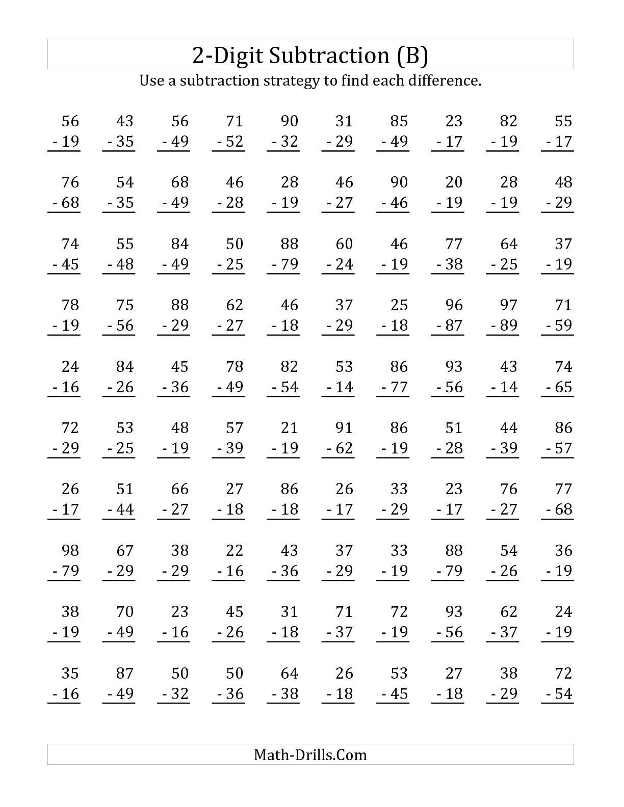 Free Math Worksheets Second Grade 2 Subtraction Subtracting 1 Digit From 2 Digit Missing Number No Regrouping
