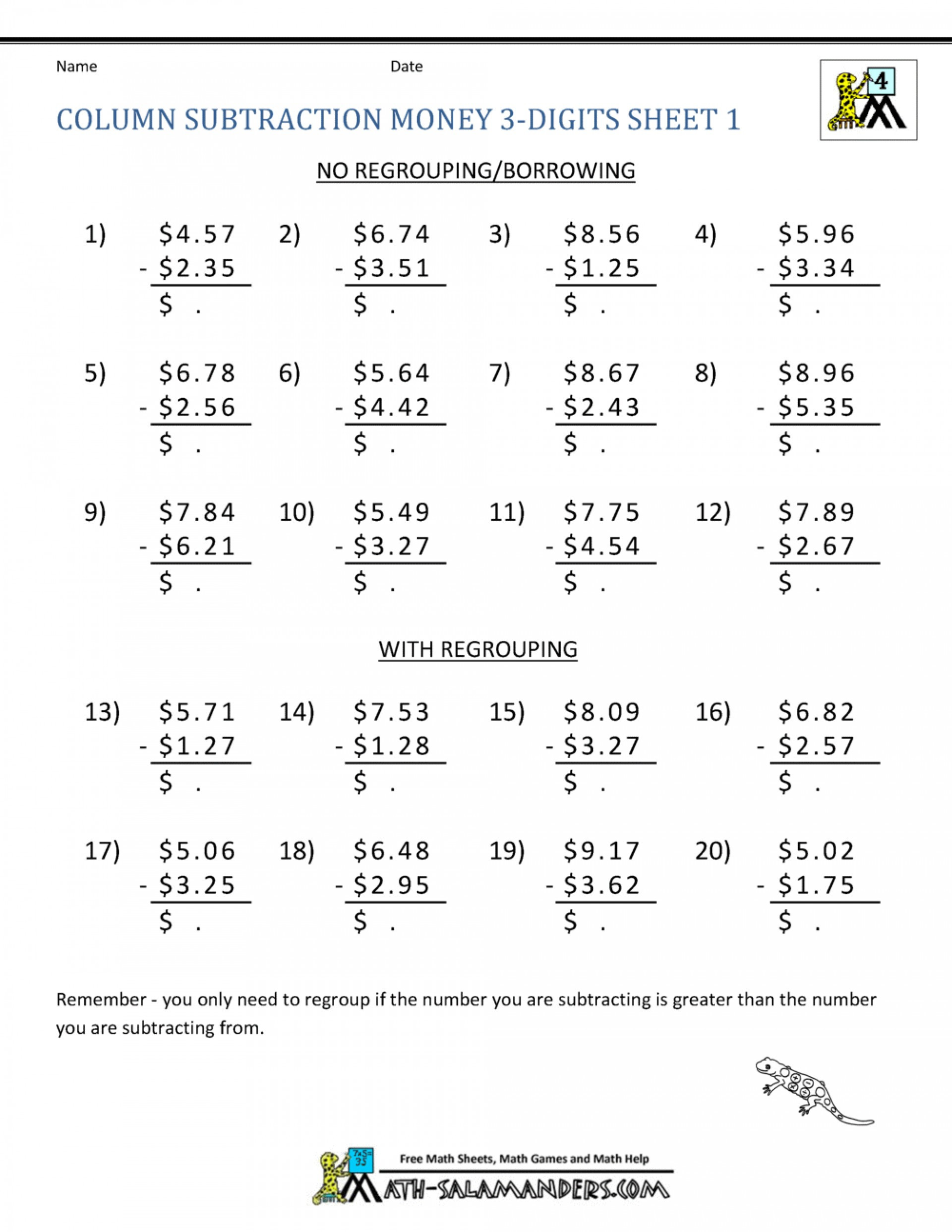 019 free subtraction worksheets column money digits worksheet grade addition 1920x2485