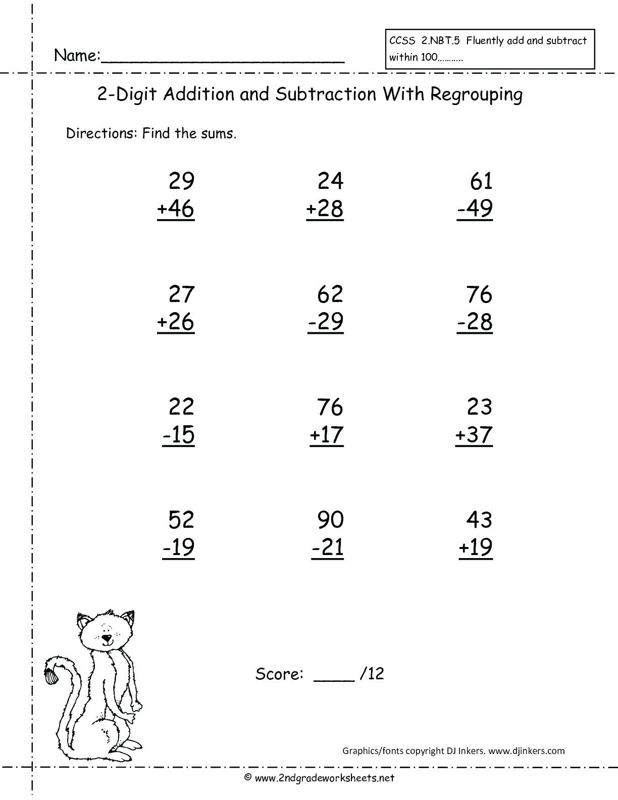 Free Math Worksheets Third Grade 3 Addition Add 2 Digit Numbers In Columns No Regrouping
