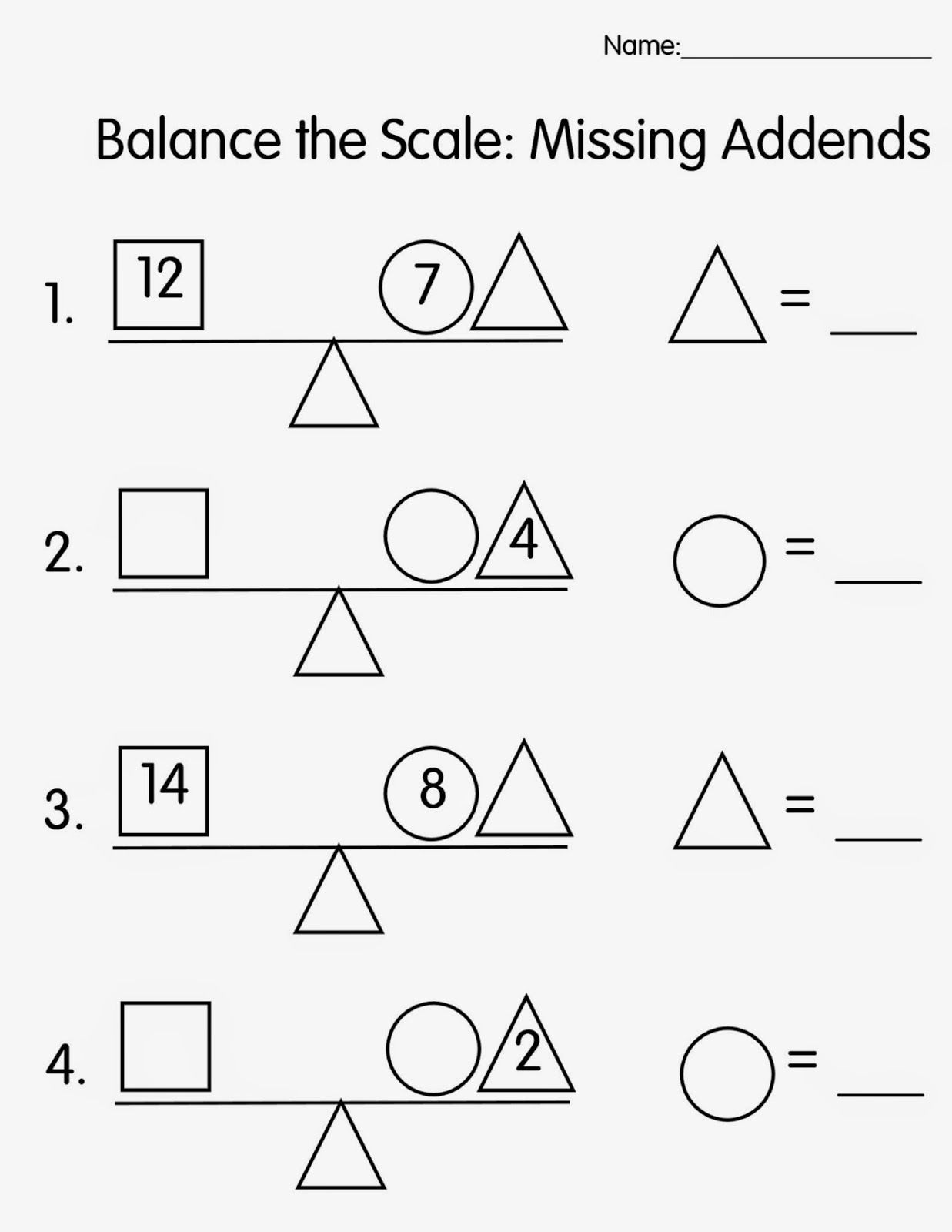 free balance the scale missing addends 4 worksheets love this