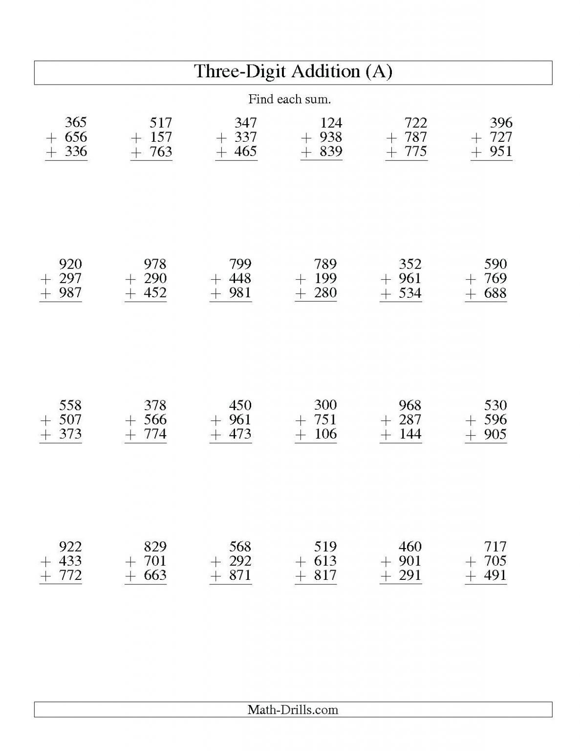 4 Free Math Worksheets Third Grade 3 Addition Add 3 4 Digit Numbers In