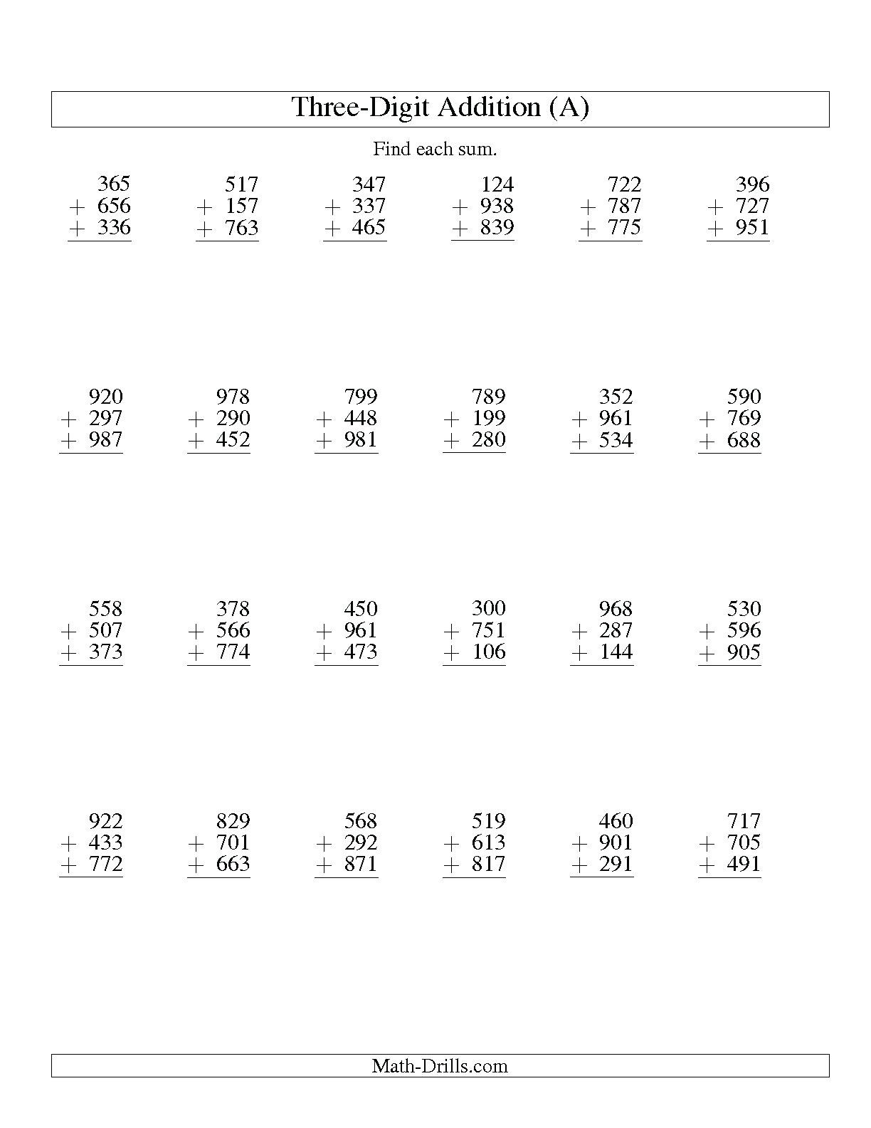 Free Math Worksheets Third Grade 3 Addition Add 3 4 Digit Numbers In Columns