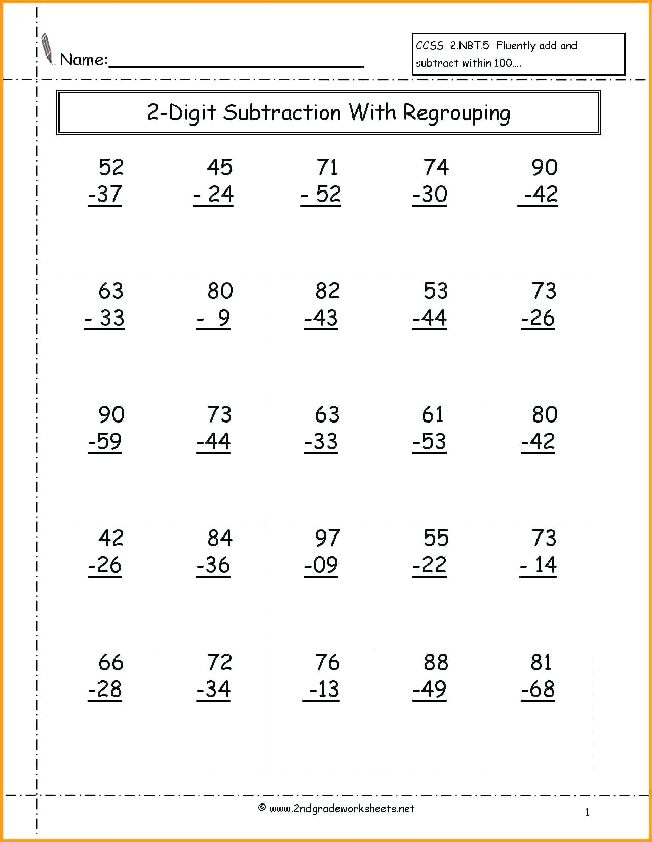 second grade math worksheets subtraction without regrouping