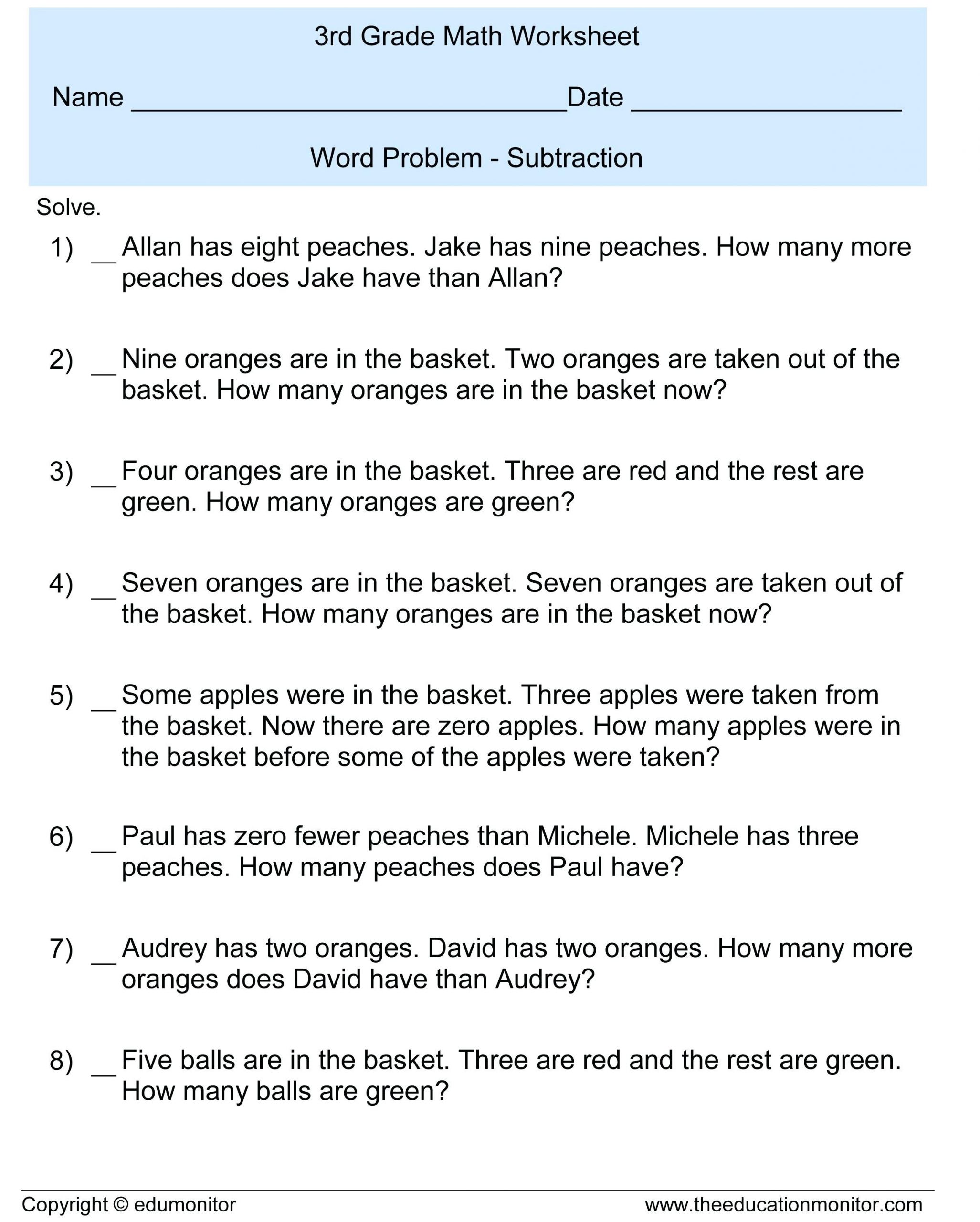 Free Math Worksheets Third Grade 3 Addition Word Problems