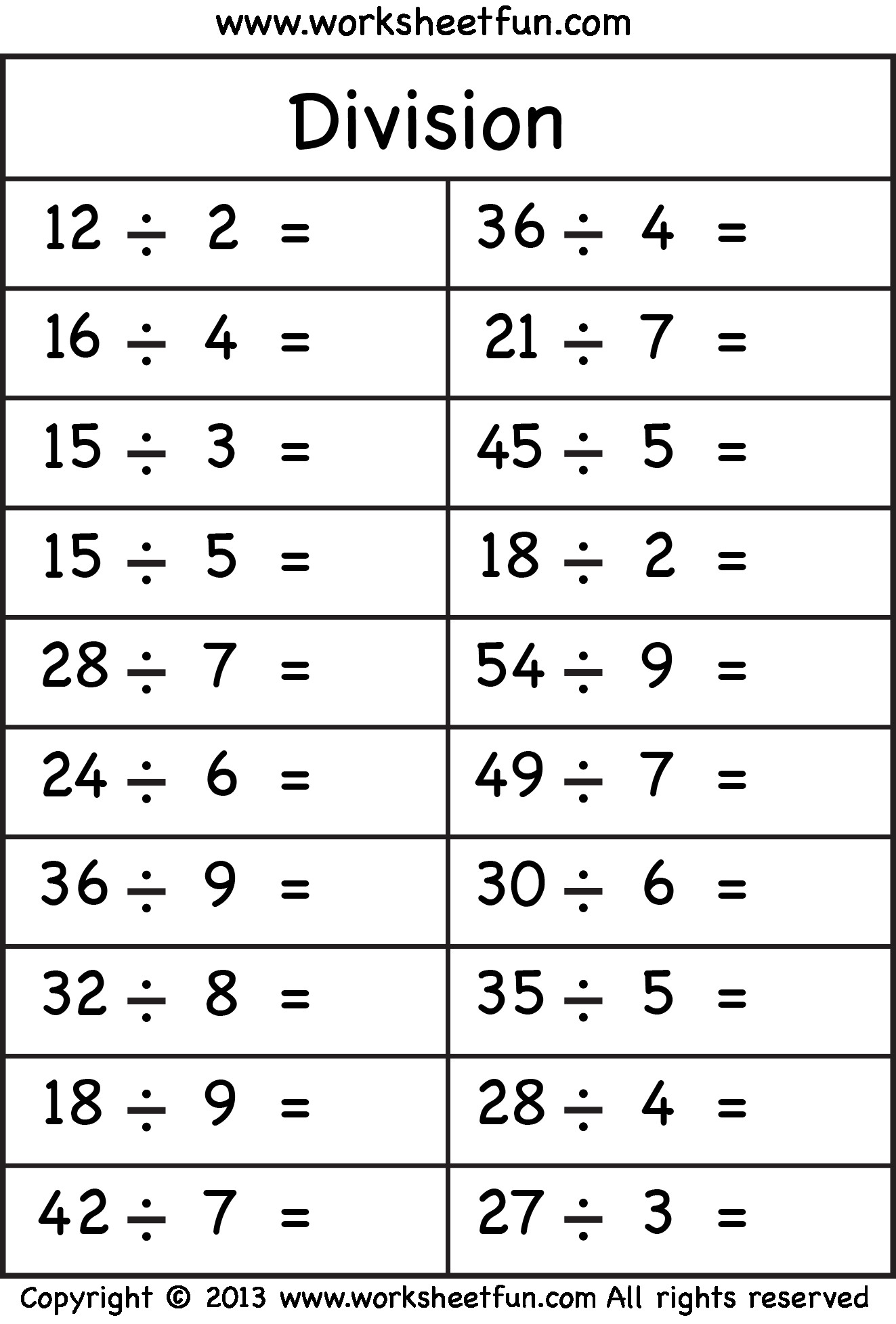 Free Math Worksheets Third Grade 3 Division Division Facts 1 to 10