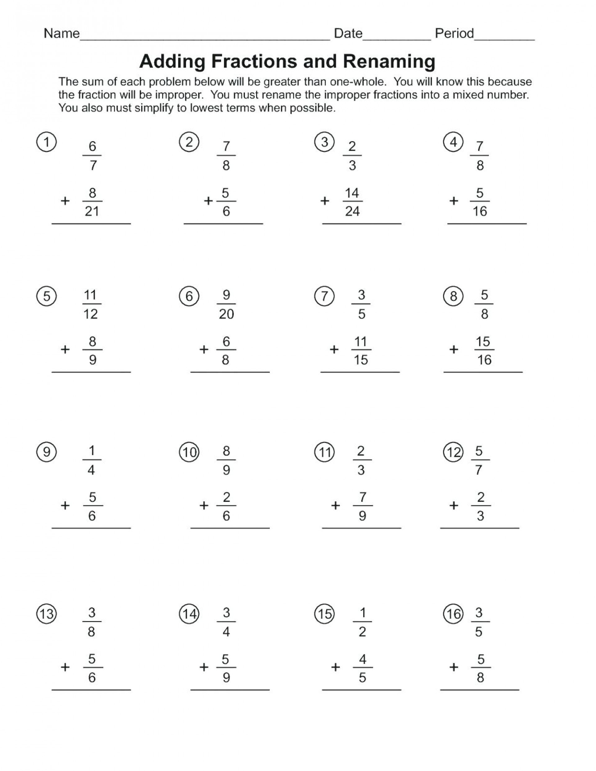 Free Math Worksheets Third Grade 3 Fractions and Decimals Adding Mixed Numbers Like Denominators