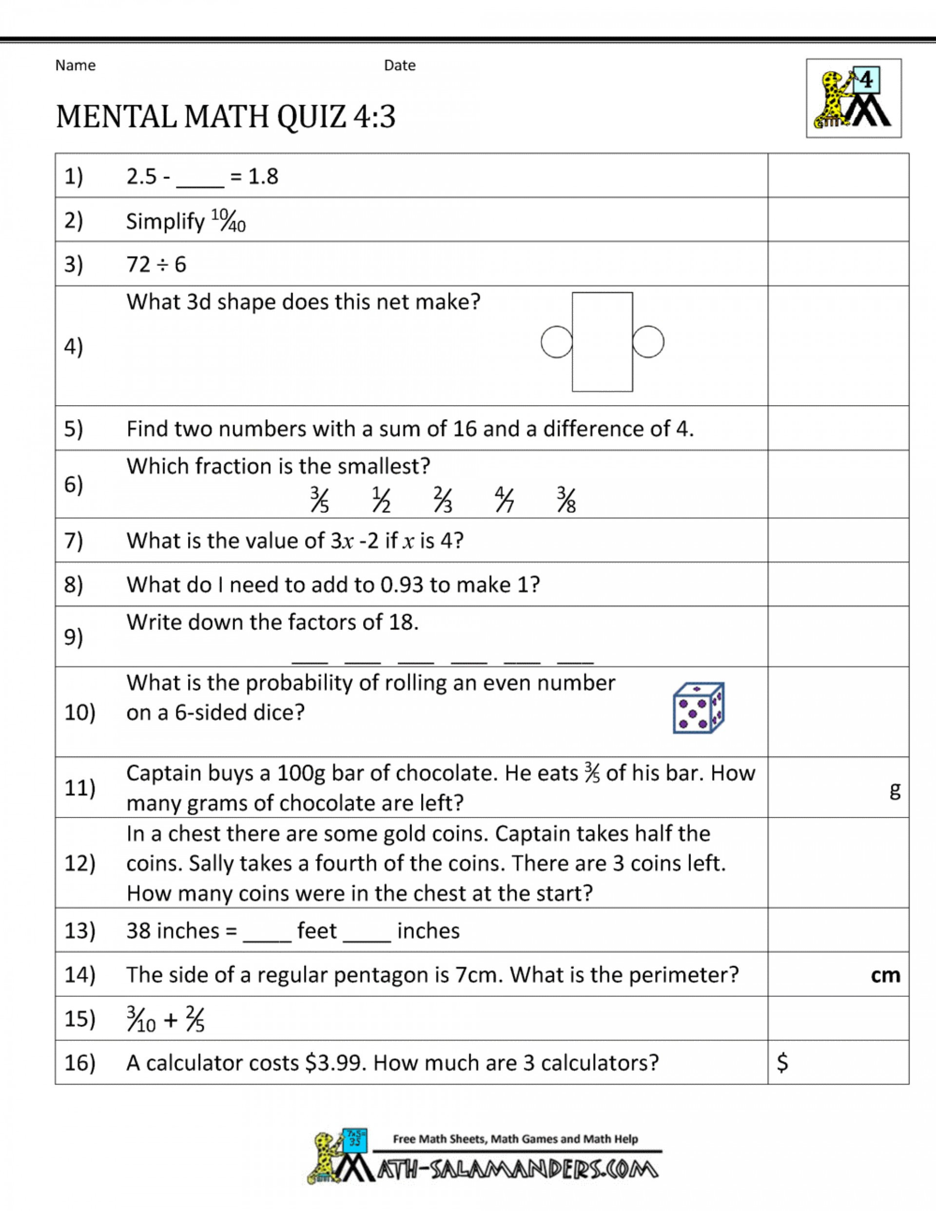 Free Math Worksheets Third Grade 3 Fractions and Decimals Equivalent 3 Fractions