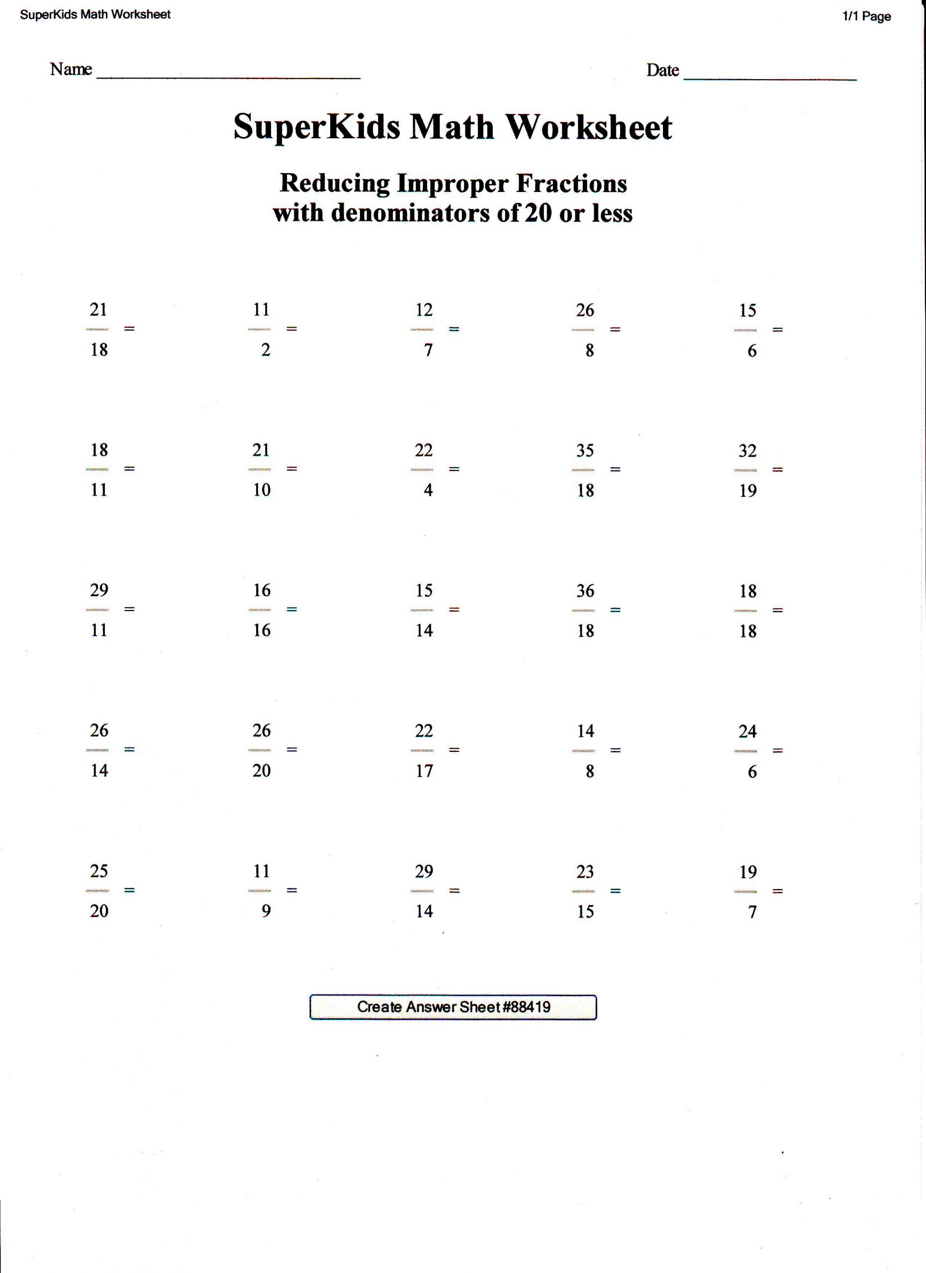 Free Math Worksheets Third Grade 3 Fractions and Decimals Improper Fractions to Mixed Numbers