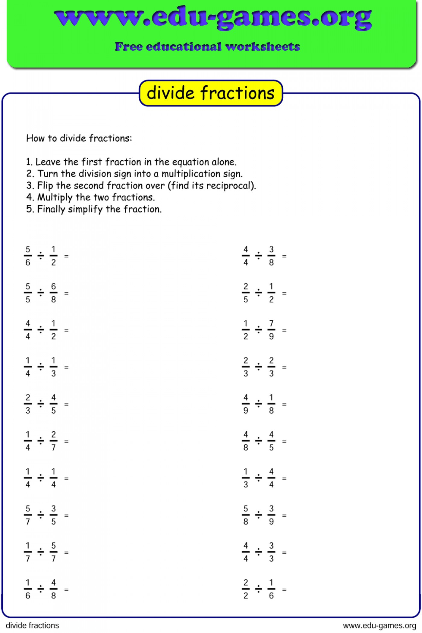 Free Math Worksheets Third Grade 3 Fractions and Decimals Simplify Fractions Proper