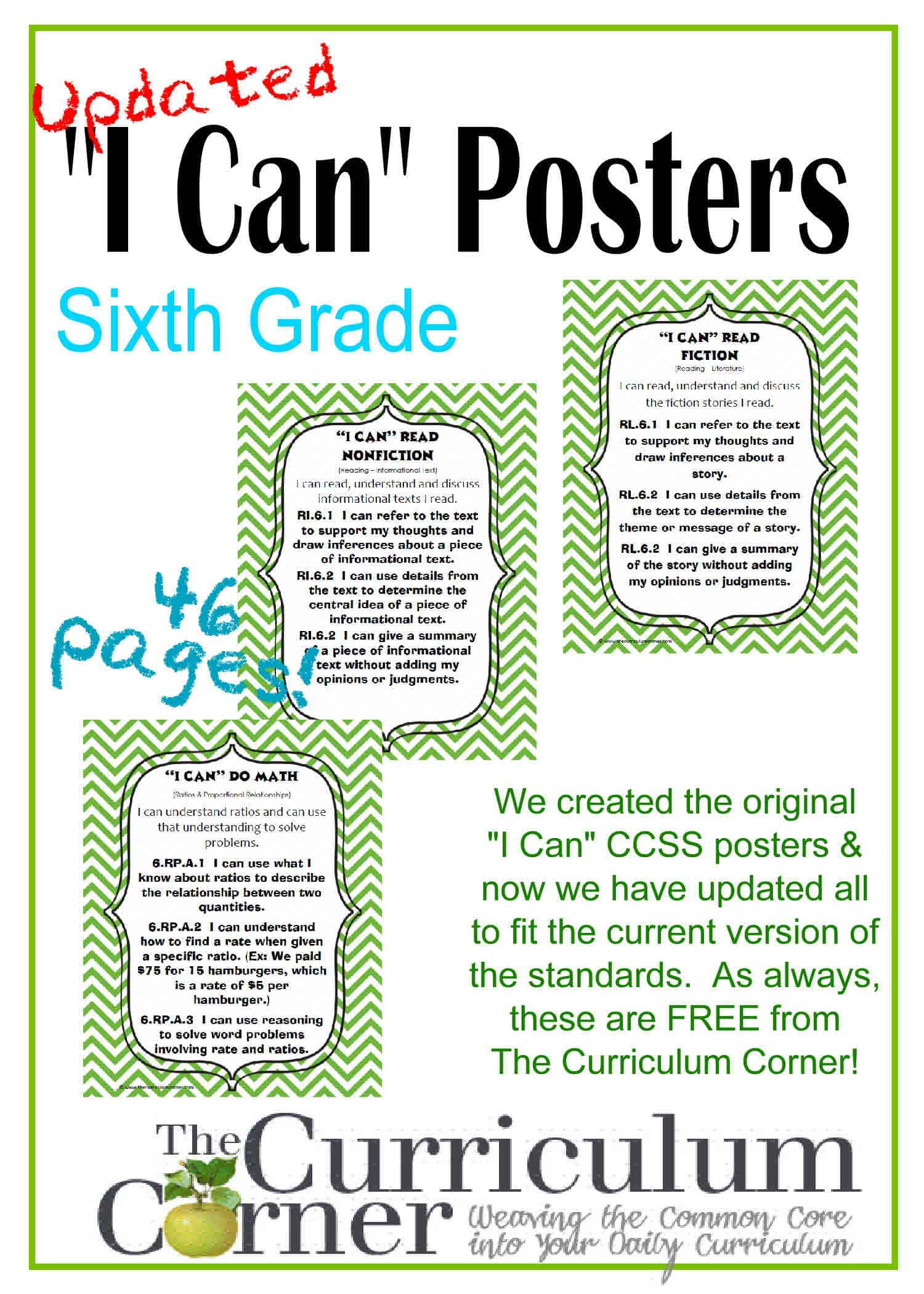 full updated 6th grade i can ccss posters in green chevron