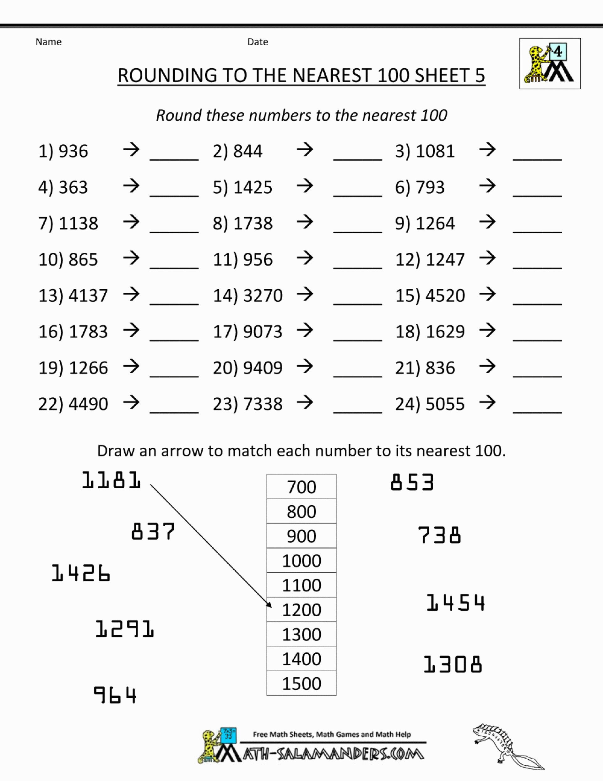 Free Math Worksheets Third Grade 3 Place Value and Rounding Round 3 Digit Numbers Nearest 100