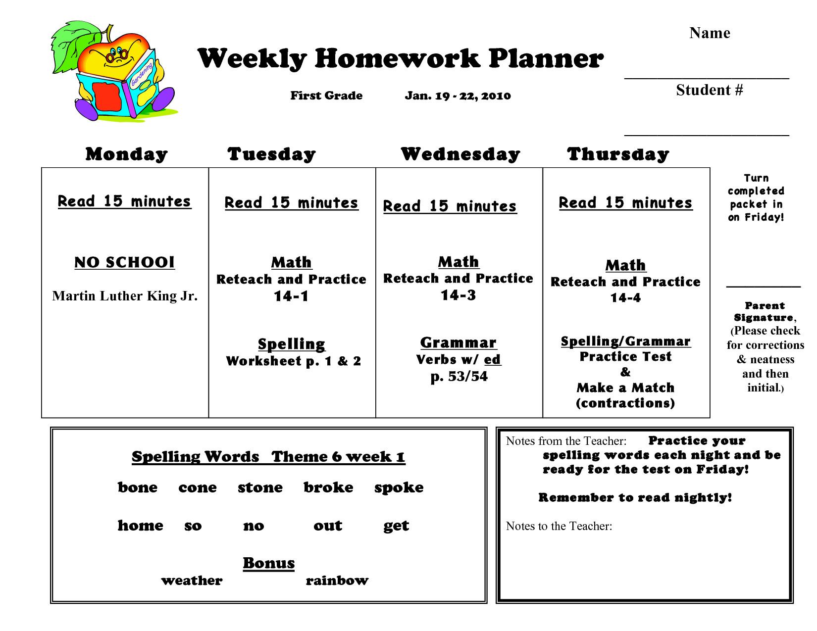 first grade weekly homework planner