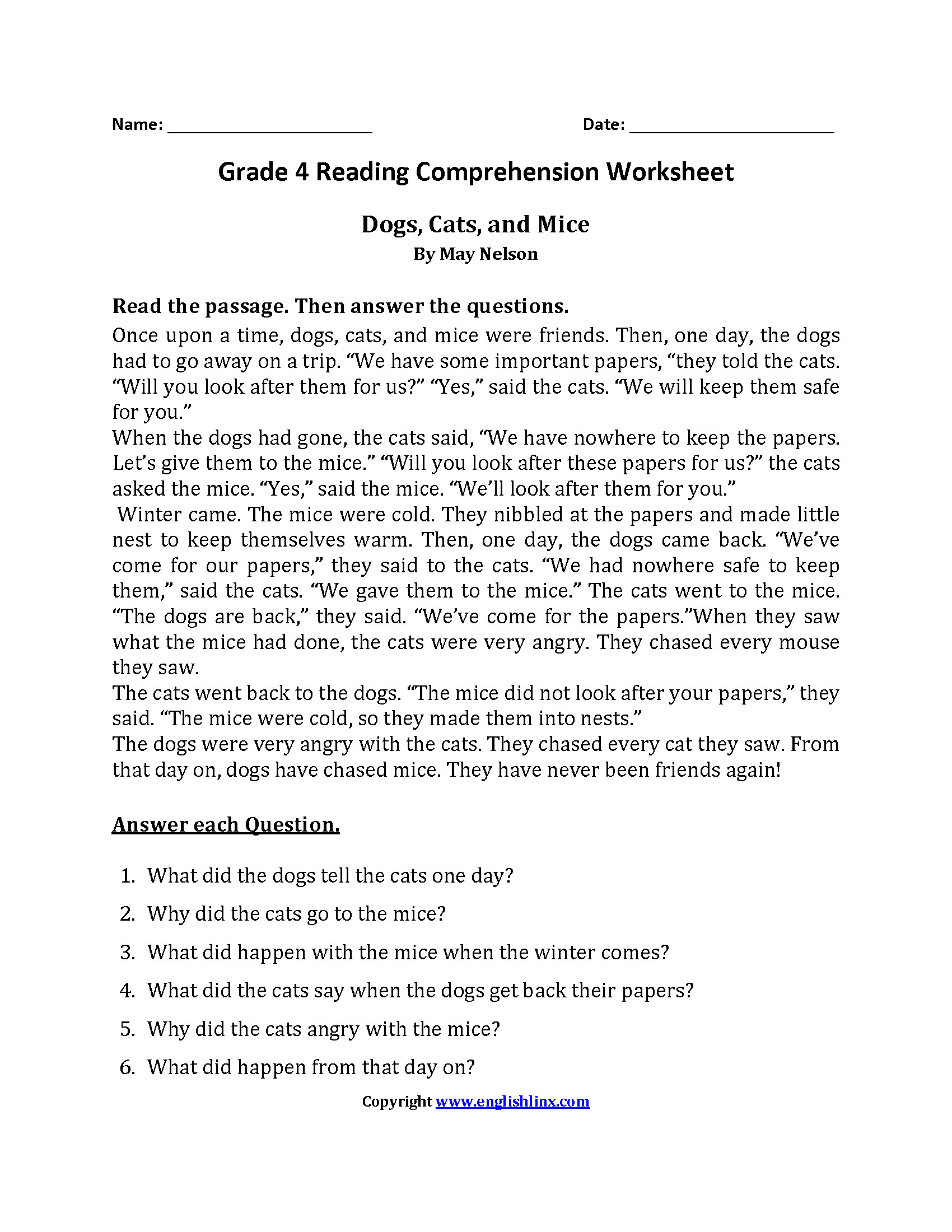 Reading Comprehension Worksheets First Grade 1