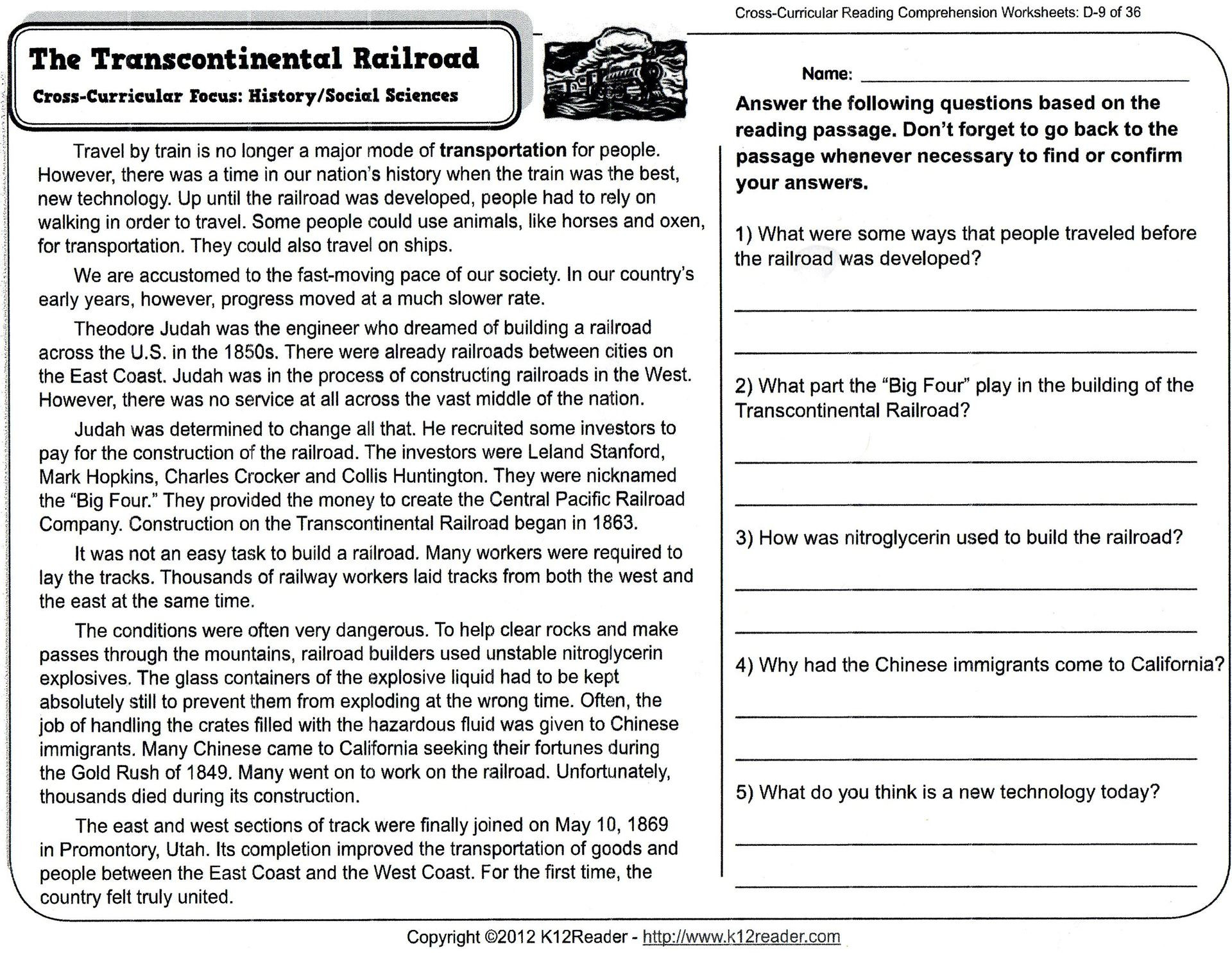 Reading Comprehension Worksheets Fourth Grade 4
