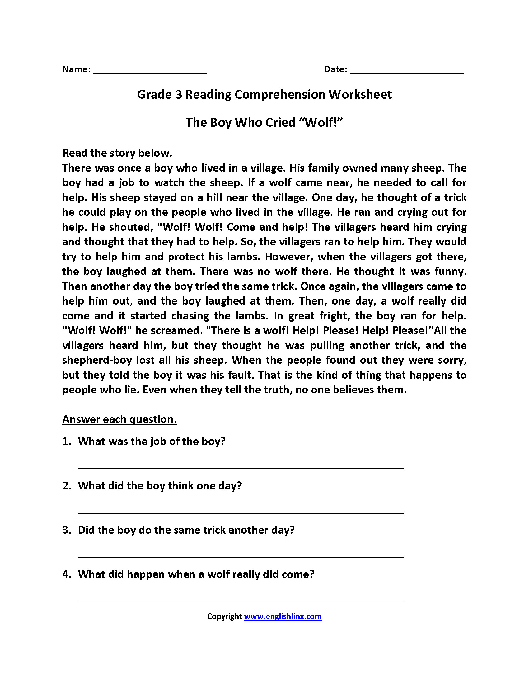 Reading Comprehension Worksheets Third Grade 3