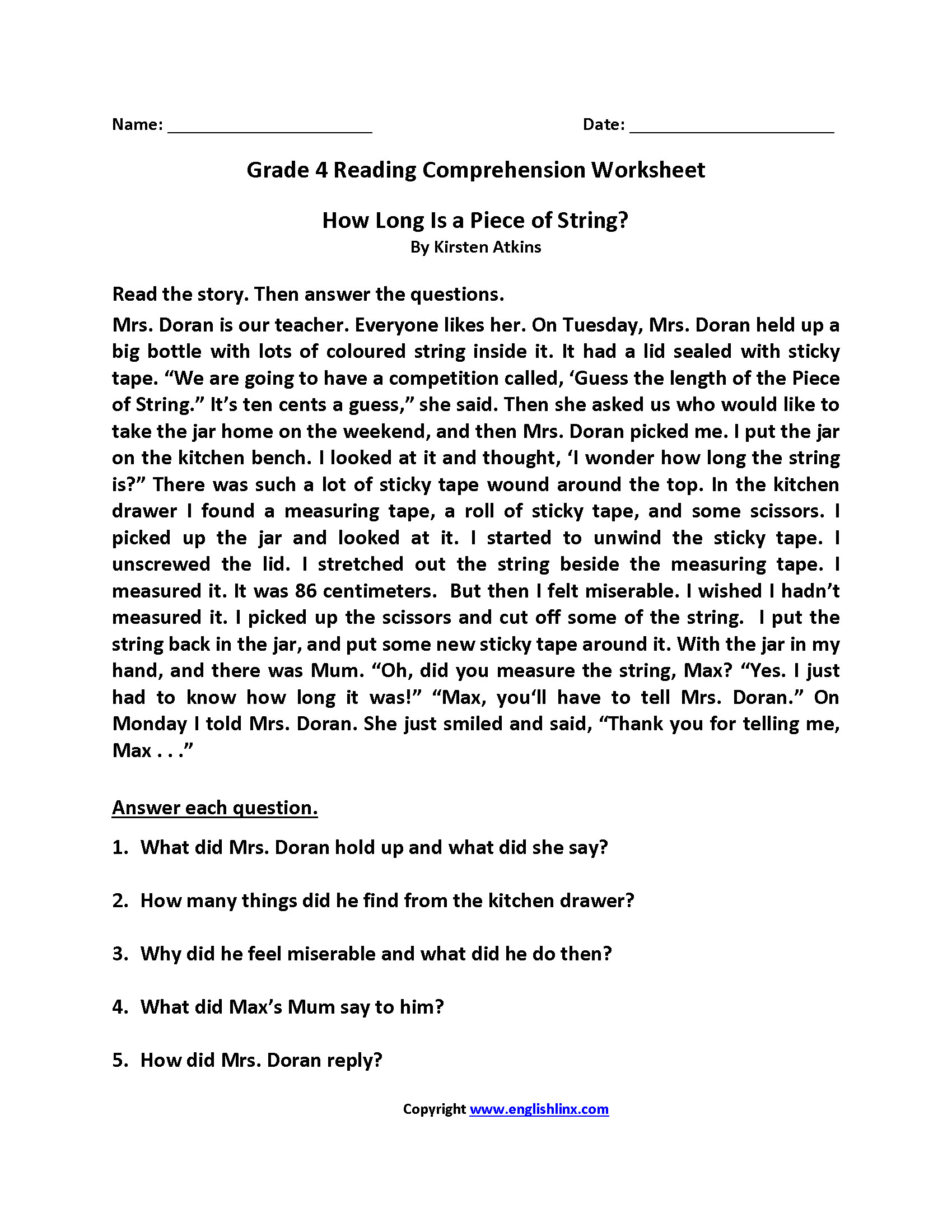 4th grade reading prehension worksheets multiple choice for free