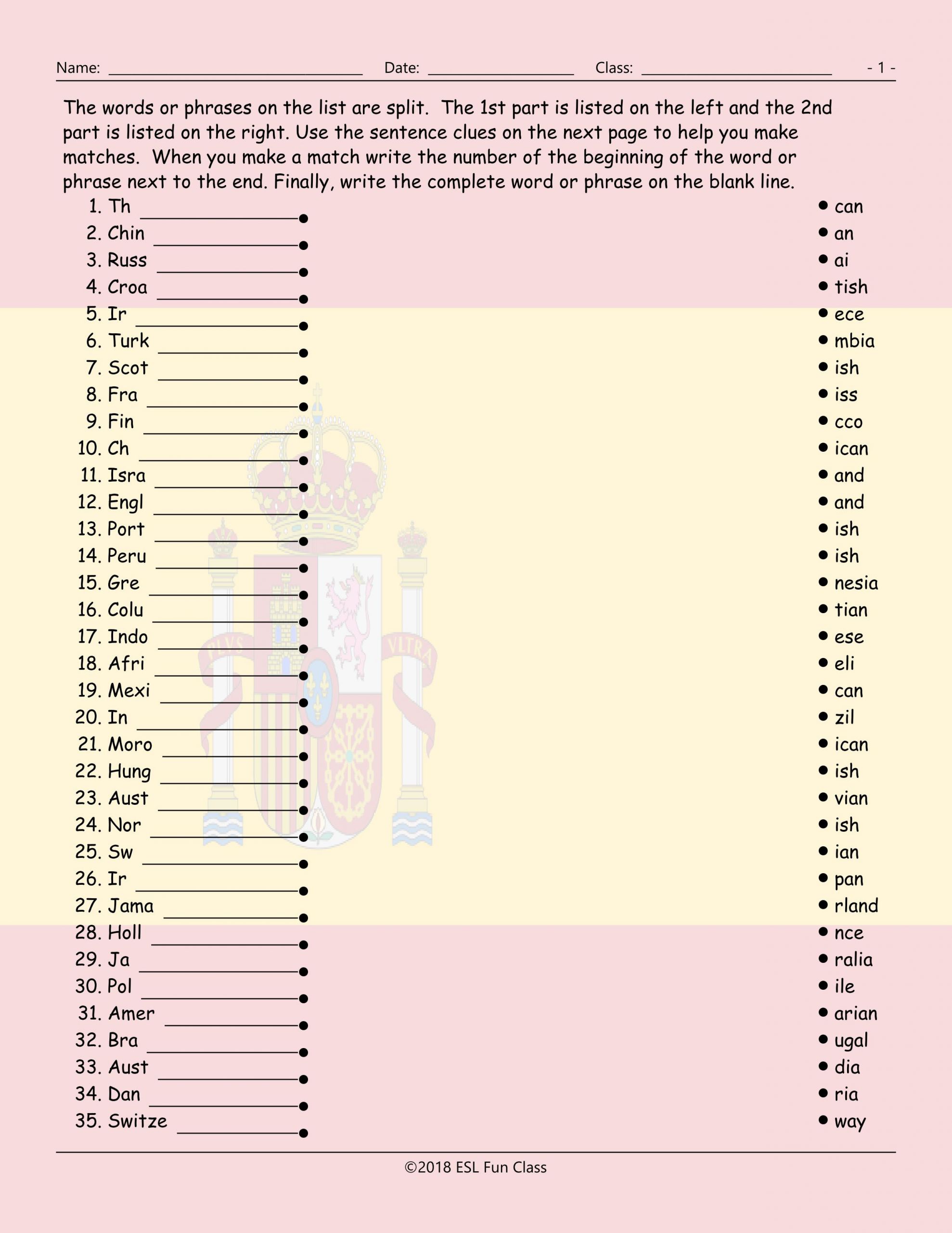 full origins nationalities word links worksheet