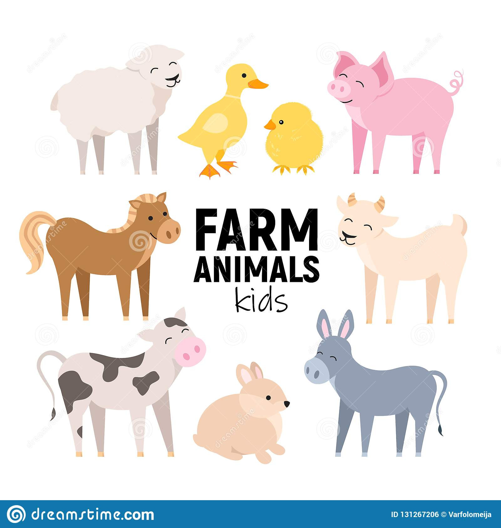 cute farm animals cow pig lamb donkey bunny chick horse goat duck isolated domestic kid set vector illustration white