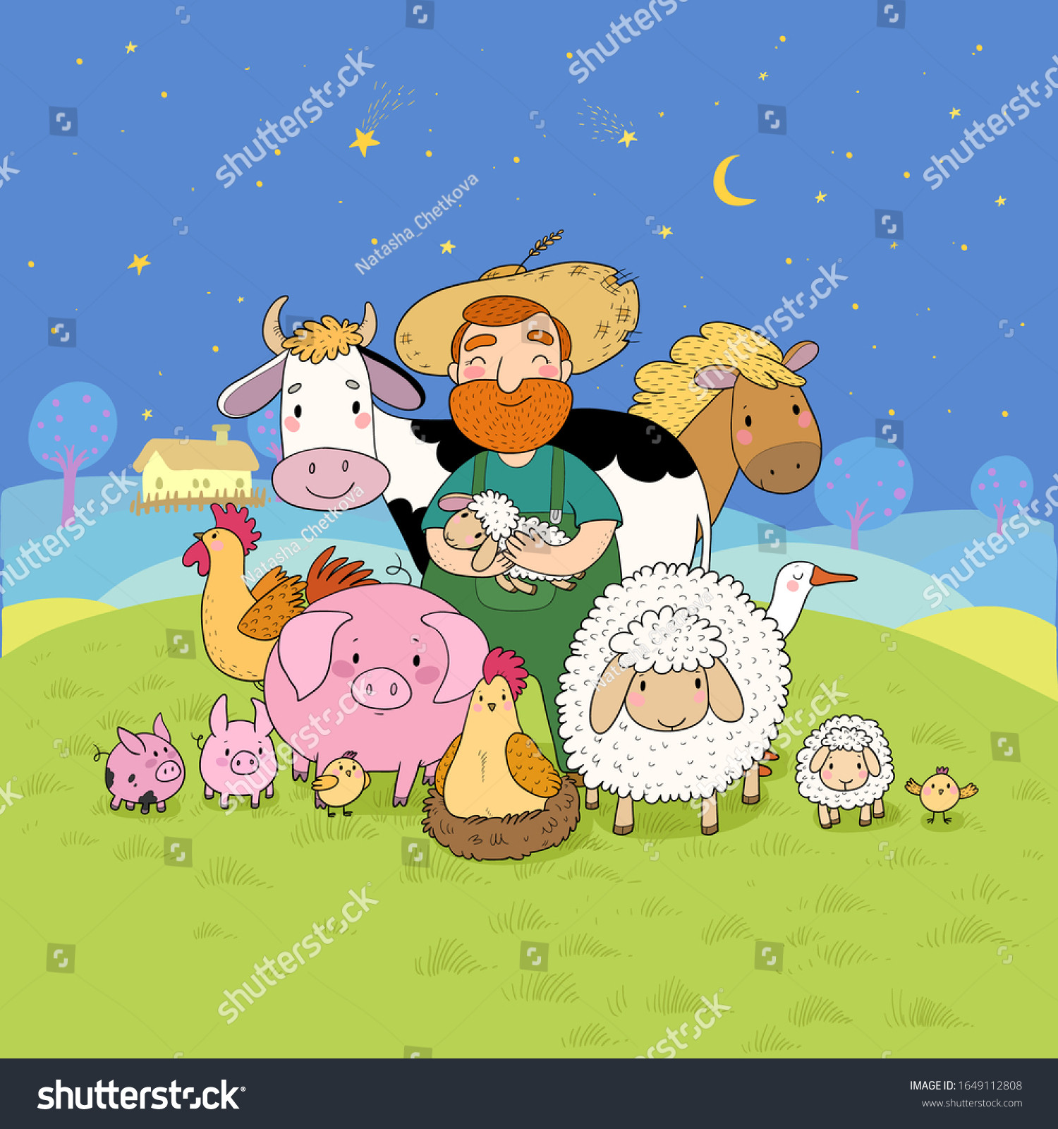 stock vector cheerful cute farmer in a straw hat and his animals country man with a sheep a cow a pig a