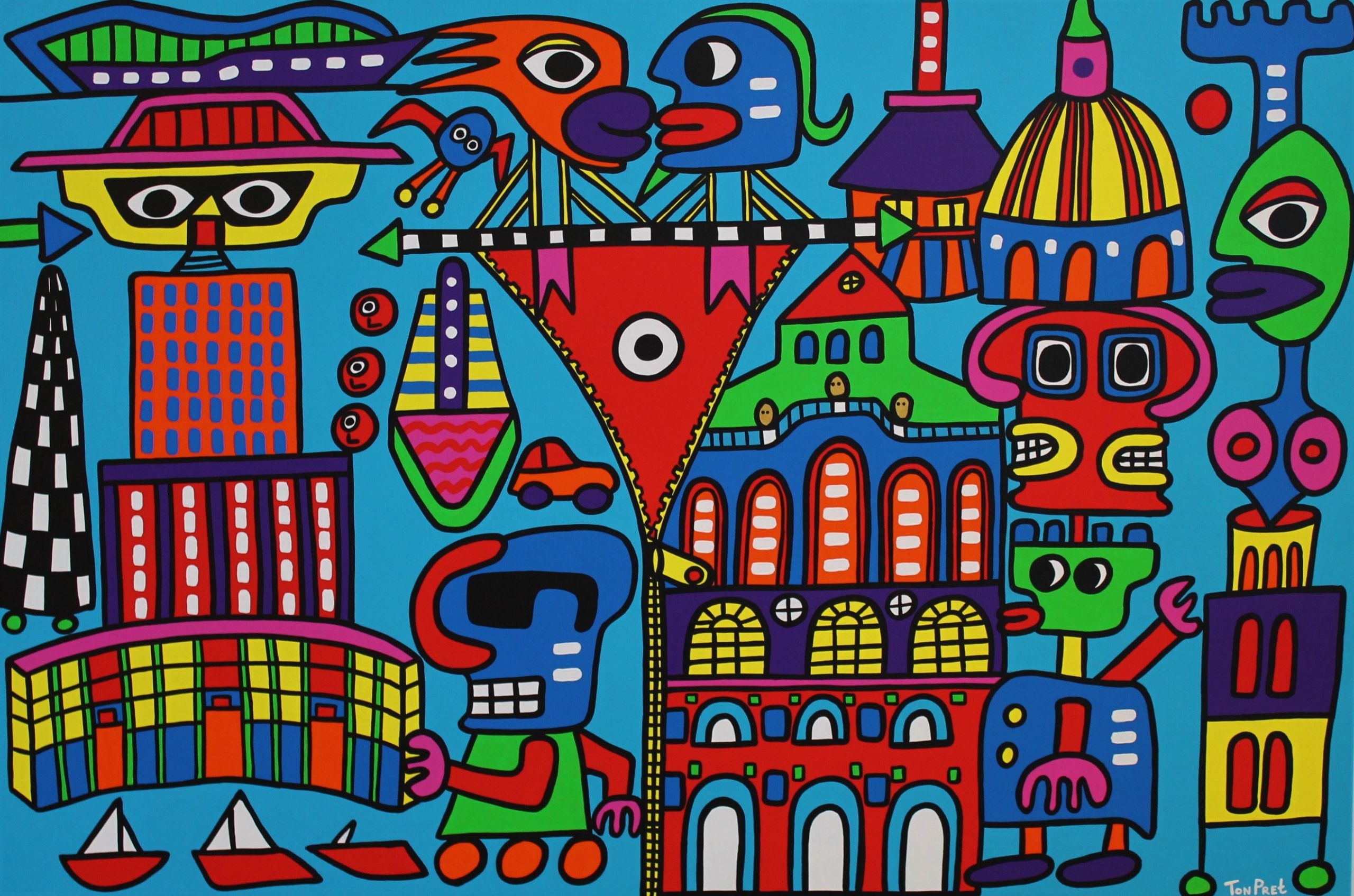 Old and new Italian architecture connected by a giant zipper 150cm x 100cm acrylic on canvas SOLD