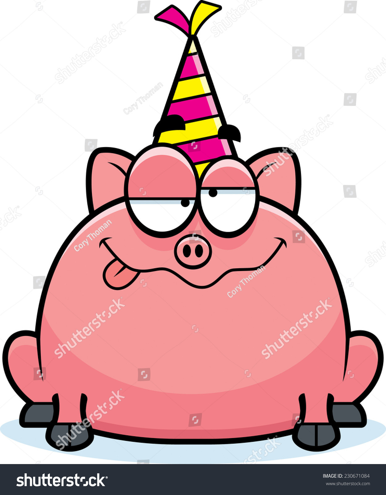 stock vector a cartoon illustration of a little pig with a party hat looking drunk