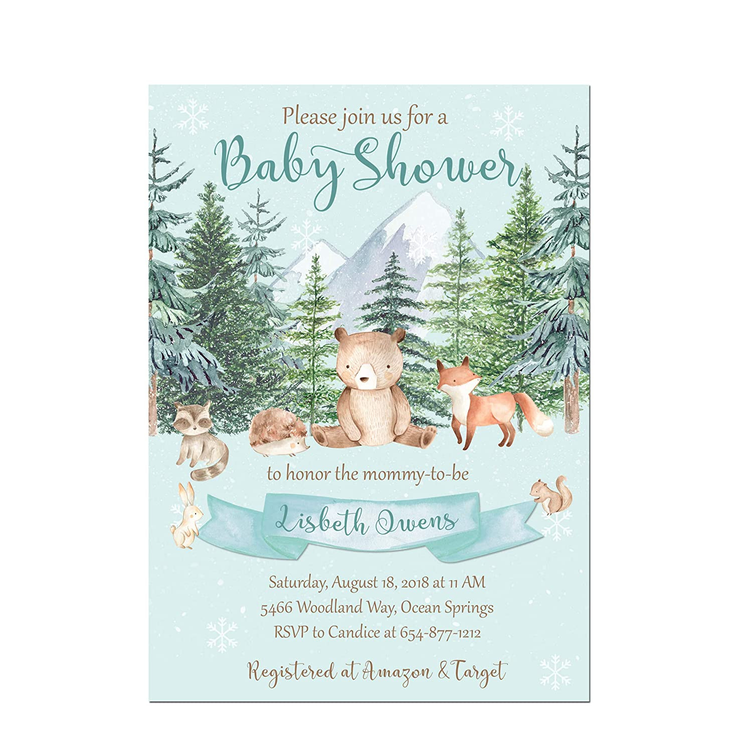 full winter woodland animals baby shower invitations