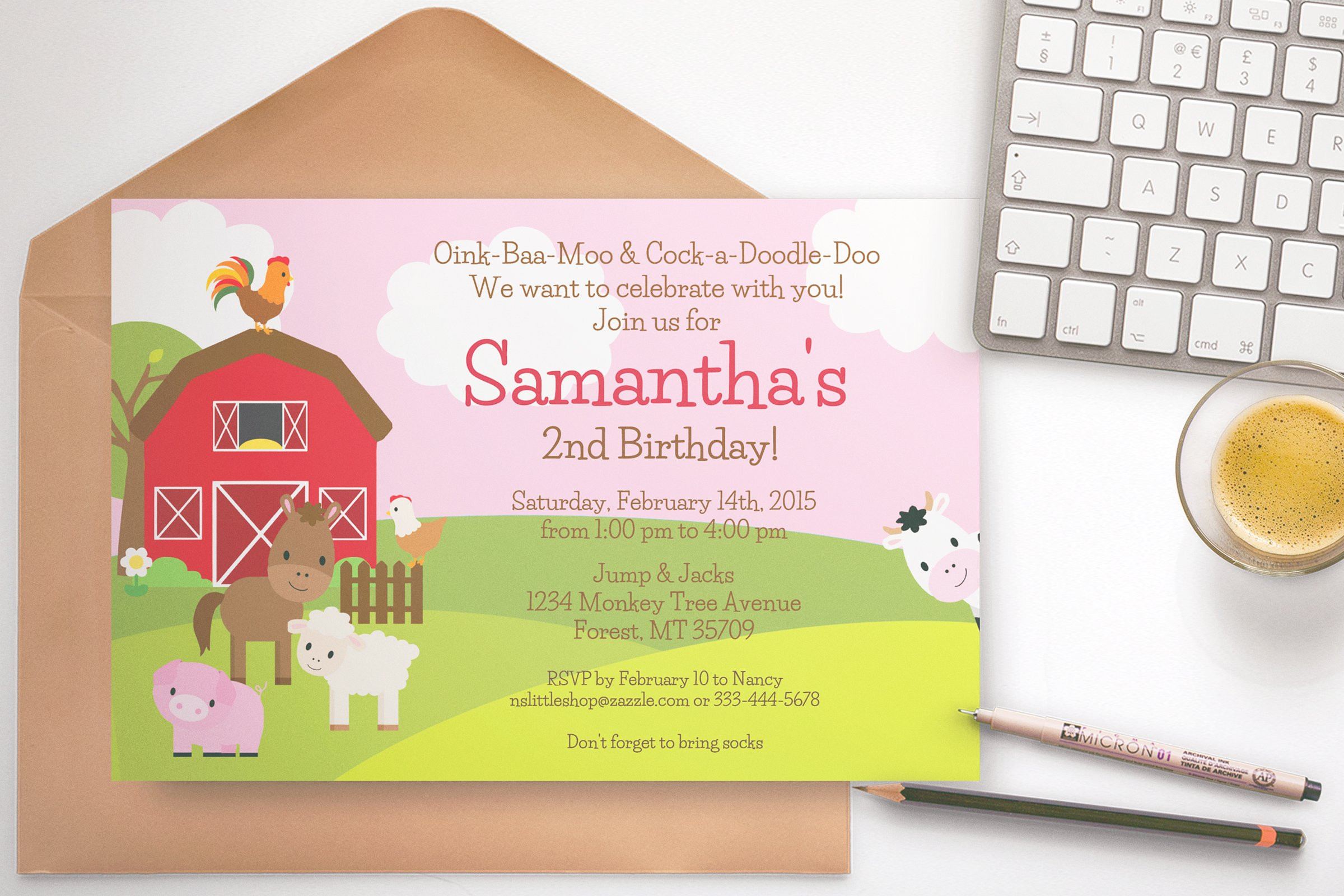 farm party invitation pink 3