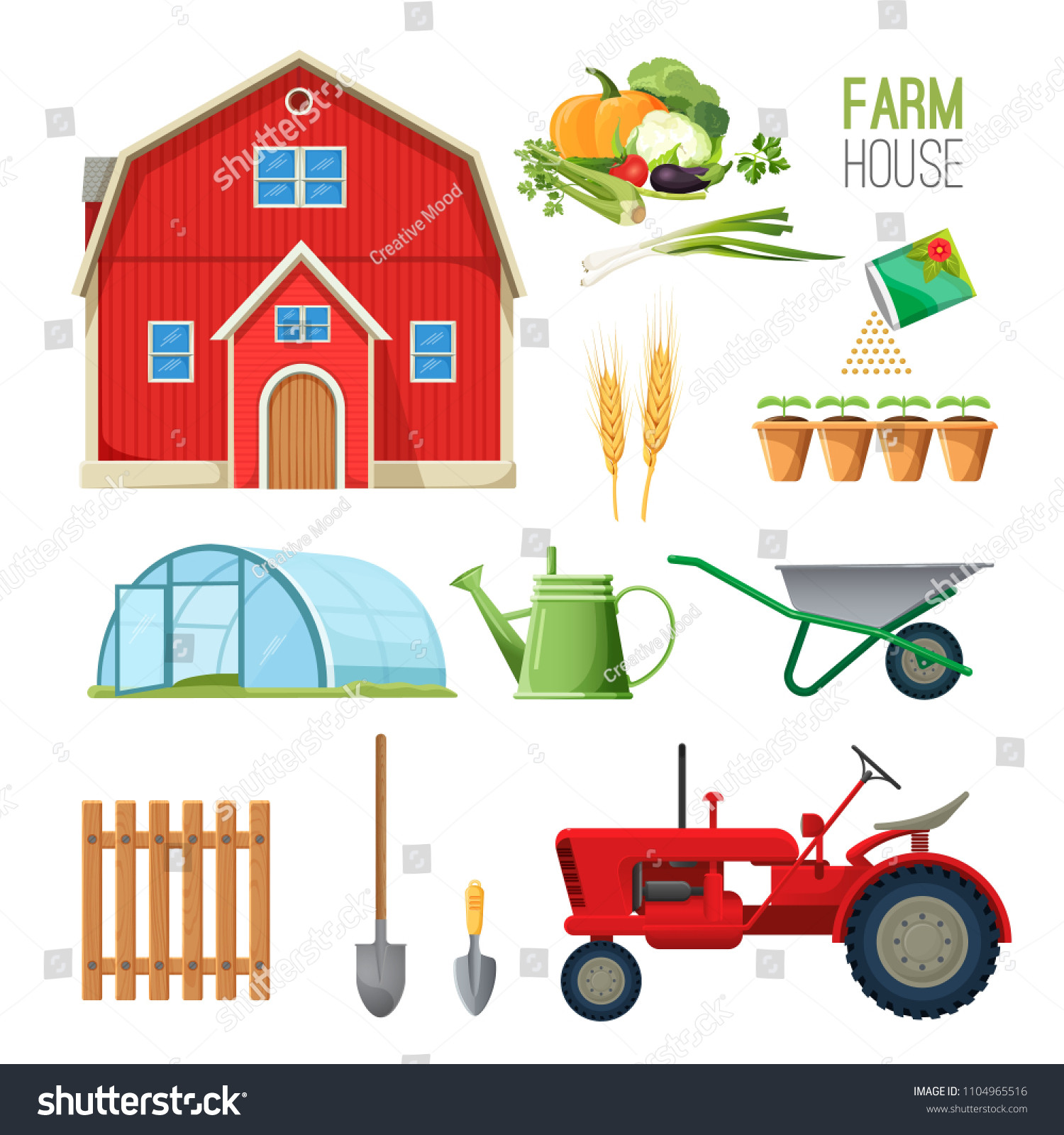 stock vector farm house set of equipment for rural works and barn