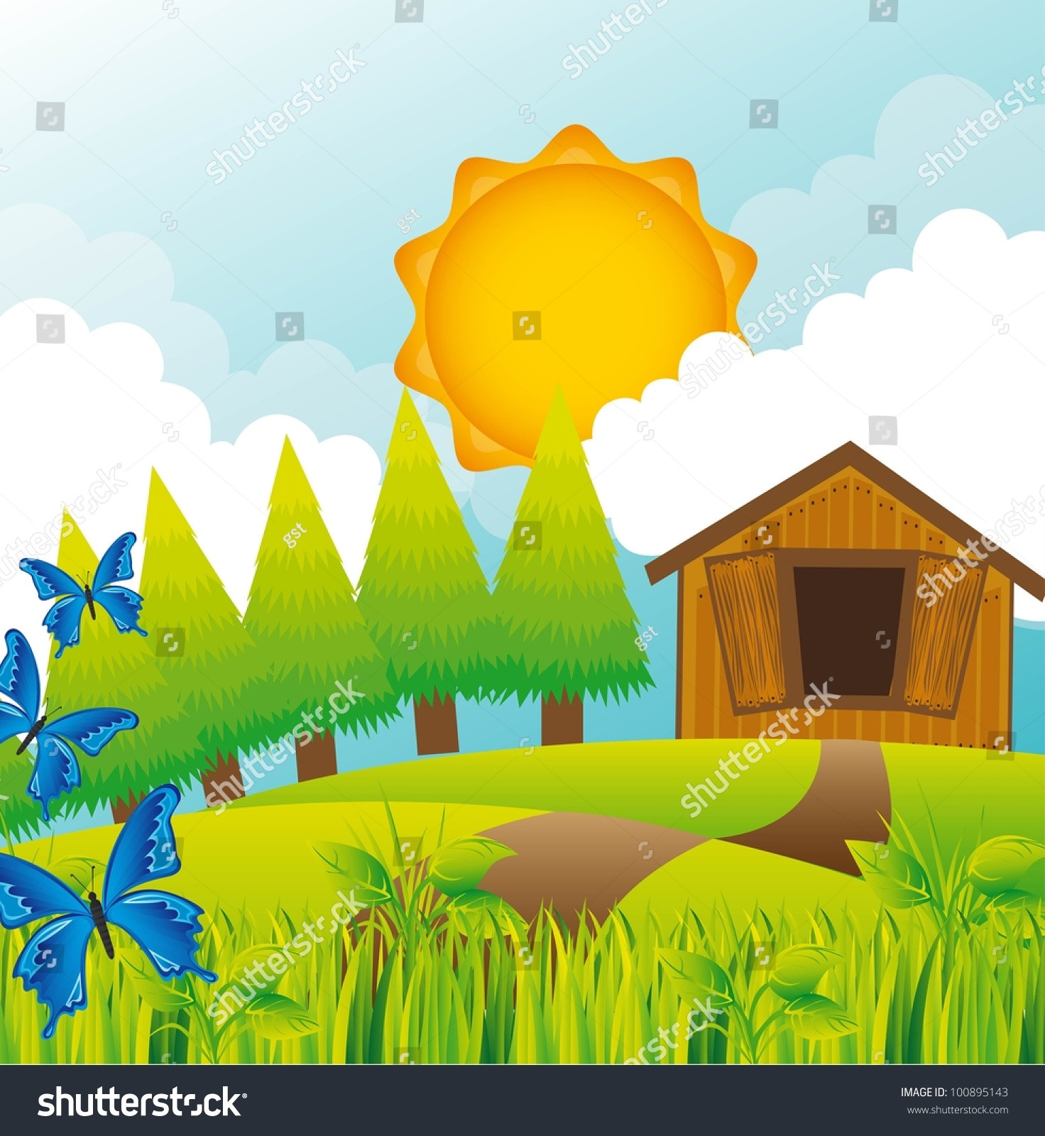 stock vector summer landscape with barn and butterflies vector illustration