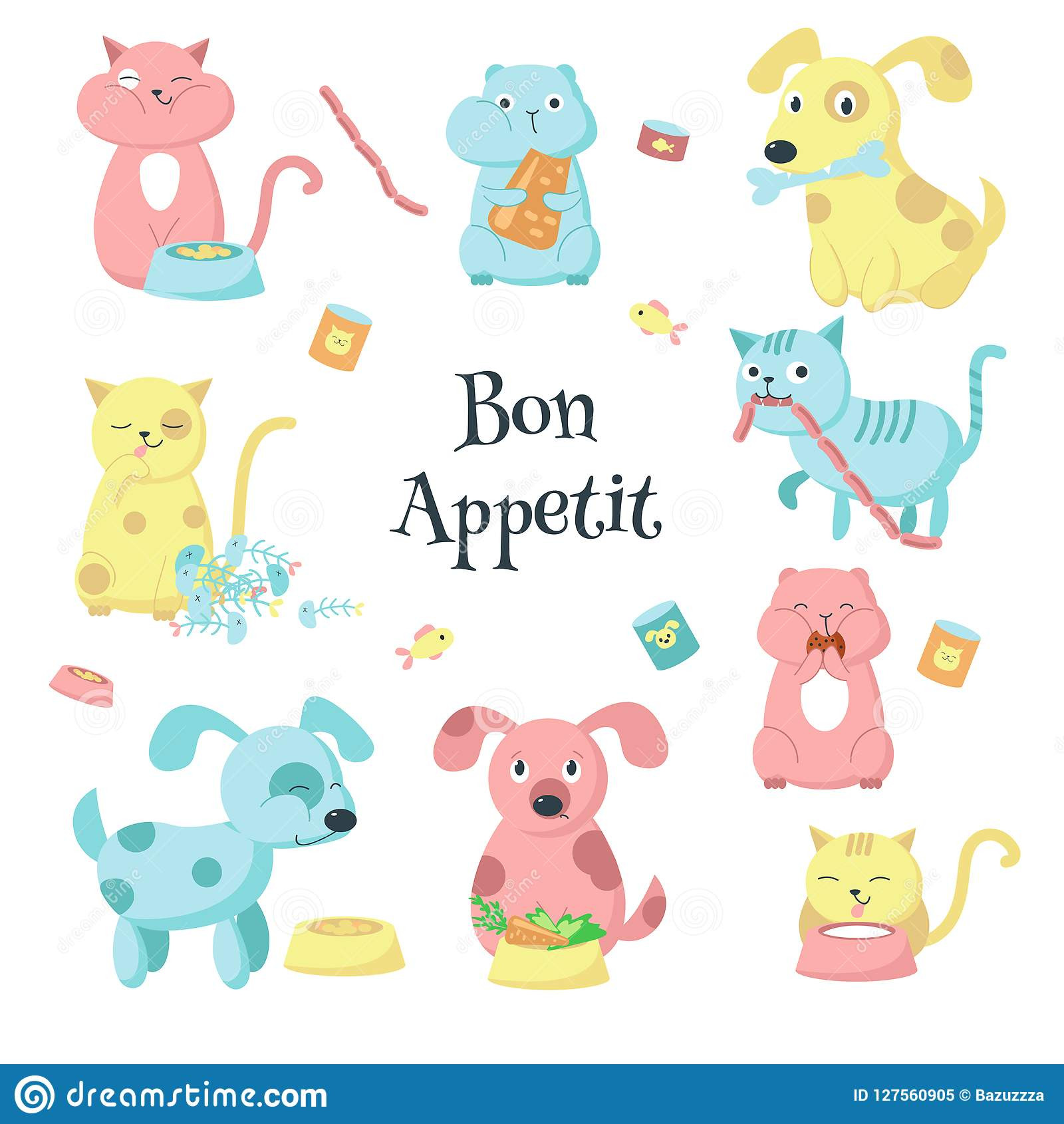 cute pet animals eating food vector icon set cute pet animals food icon set bon appetit handwritten quote vector