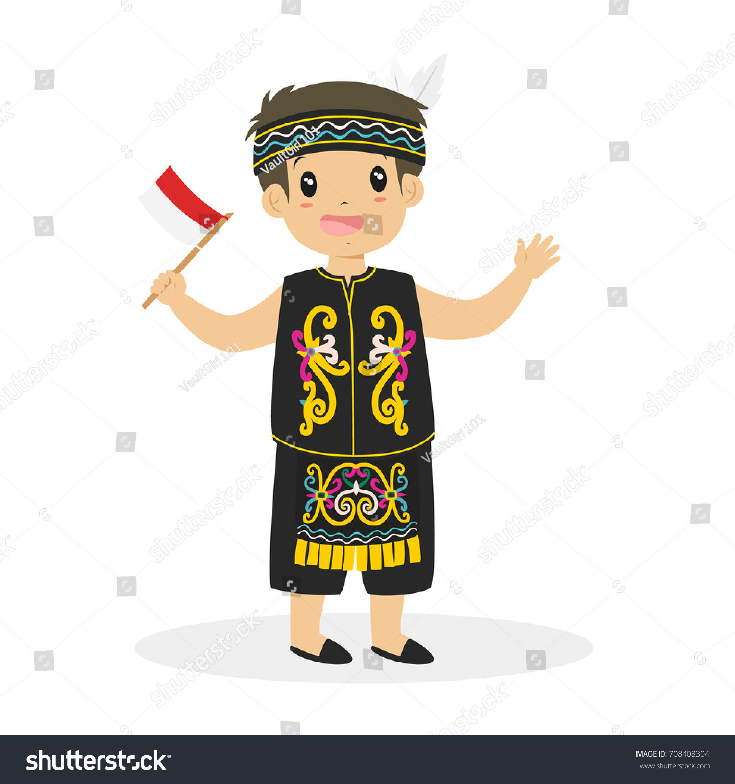 stock vector dayak boy wearing traditional dress and holding indonesian flag cartoon vector