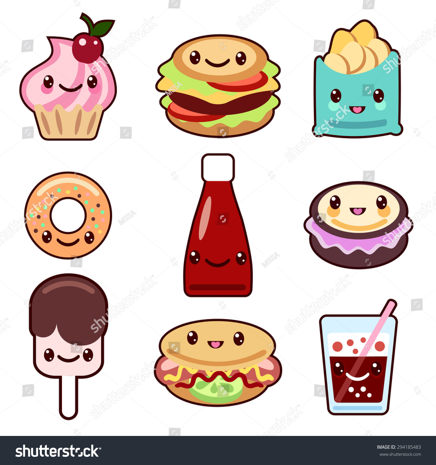 stock vector vector set of fast food and fruit kawaii characters