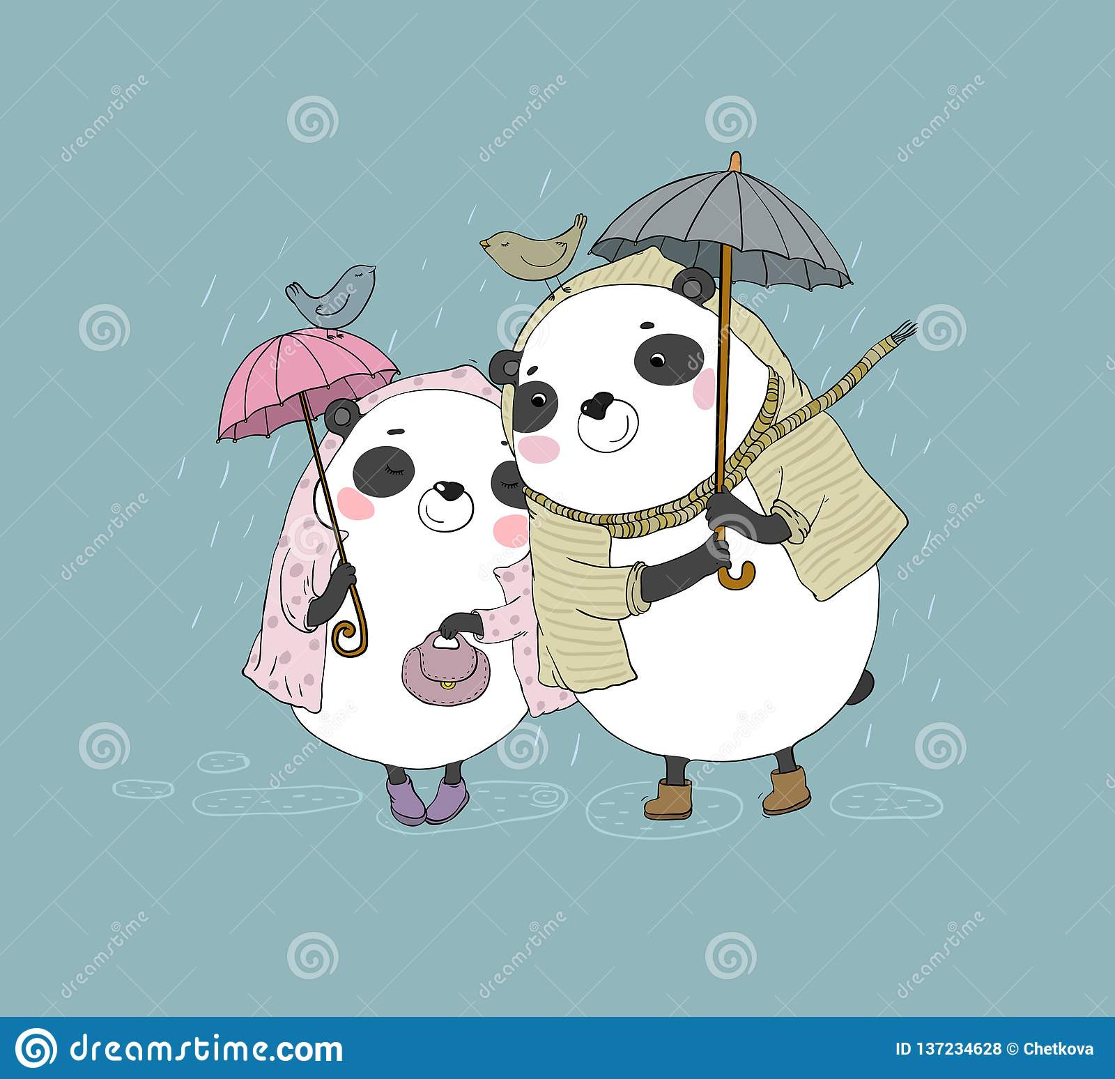 cute cartoon bears pandas autumn theme hand drawing isolated objects white background vector illustration