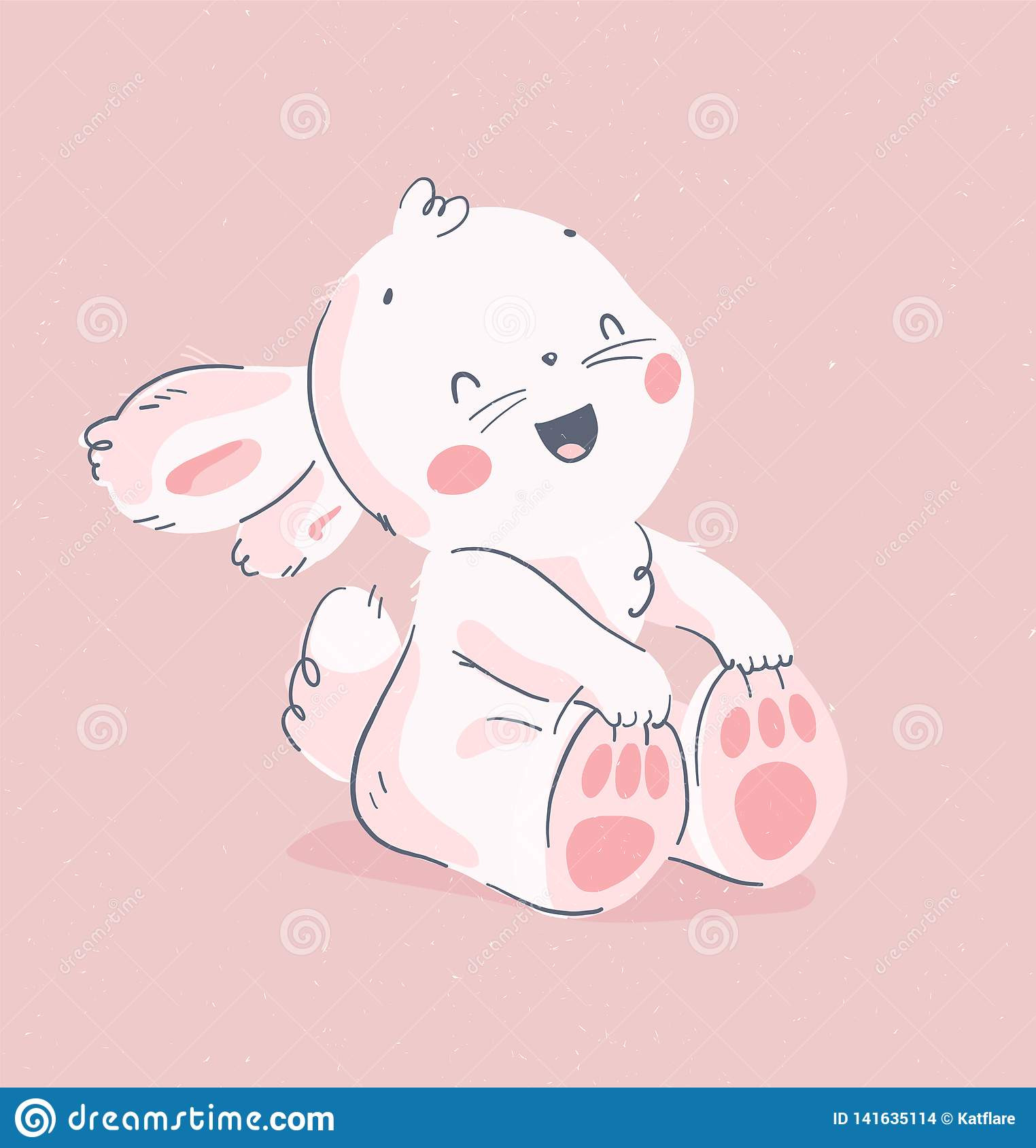 vector hand drawn illustration cute little baby rabbit sit laugh isolated pink background vector hand drawn