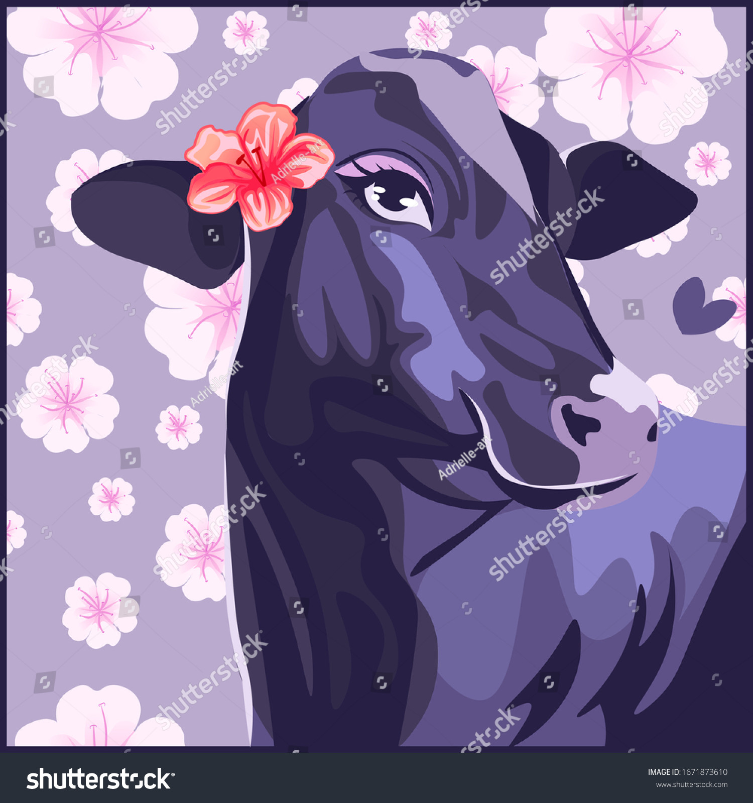 stock vector purple cow with a hibiscus flower on her ear pretty farm animal with big eyes on a floral spring