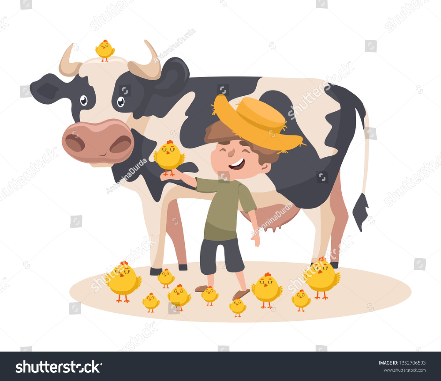 stock vector little caucasian farmer boy with a chick on his hand smiling farmer boy standing on the background